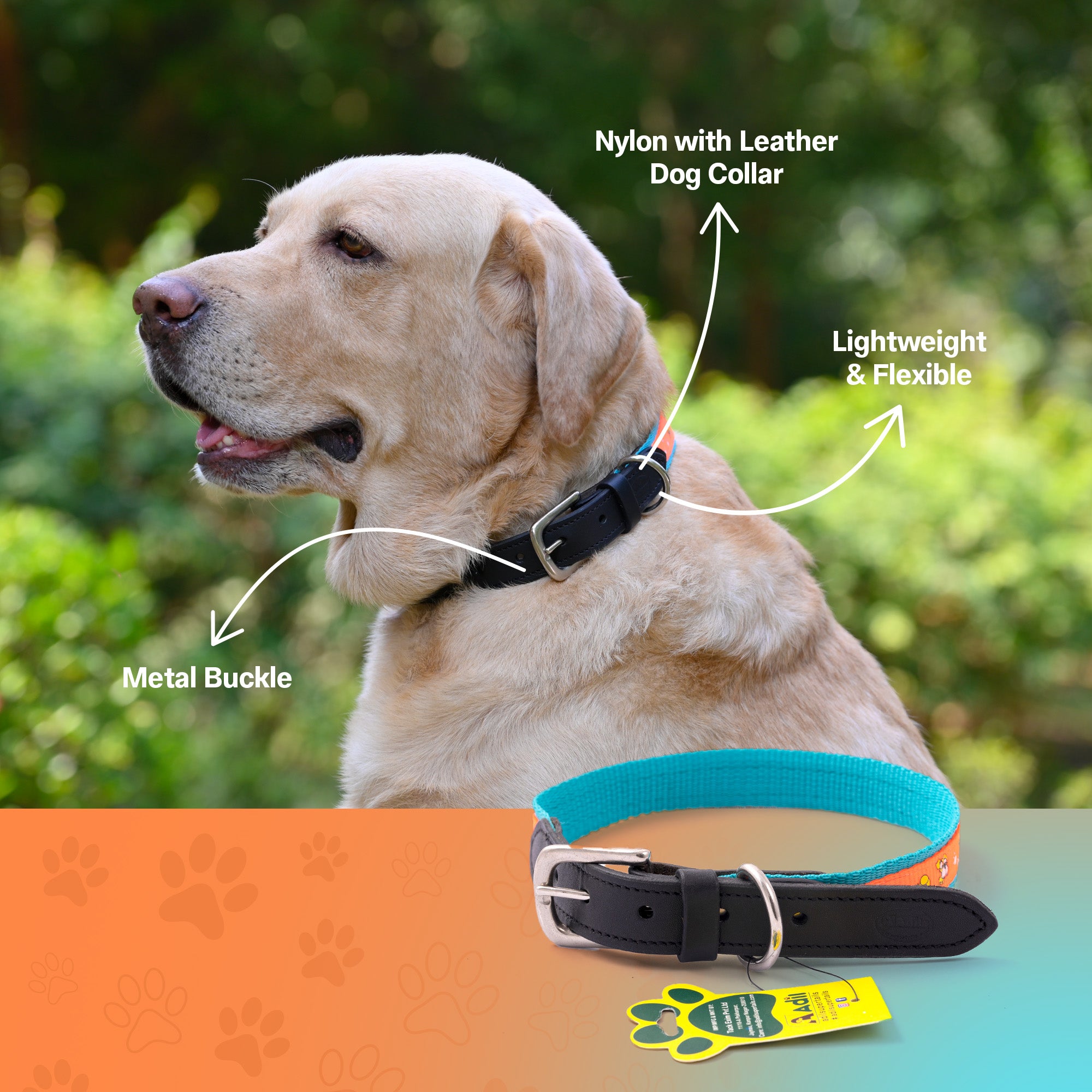 Nylon Dog Collar with Paw Print, Adjustable Metal Buckle