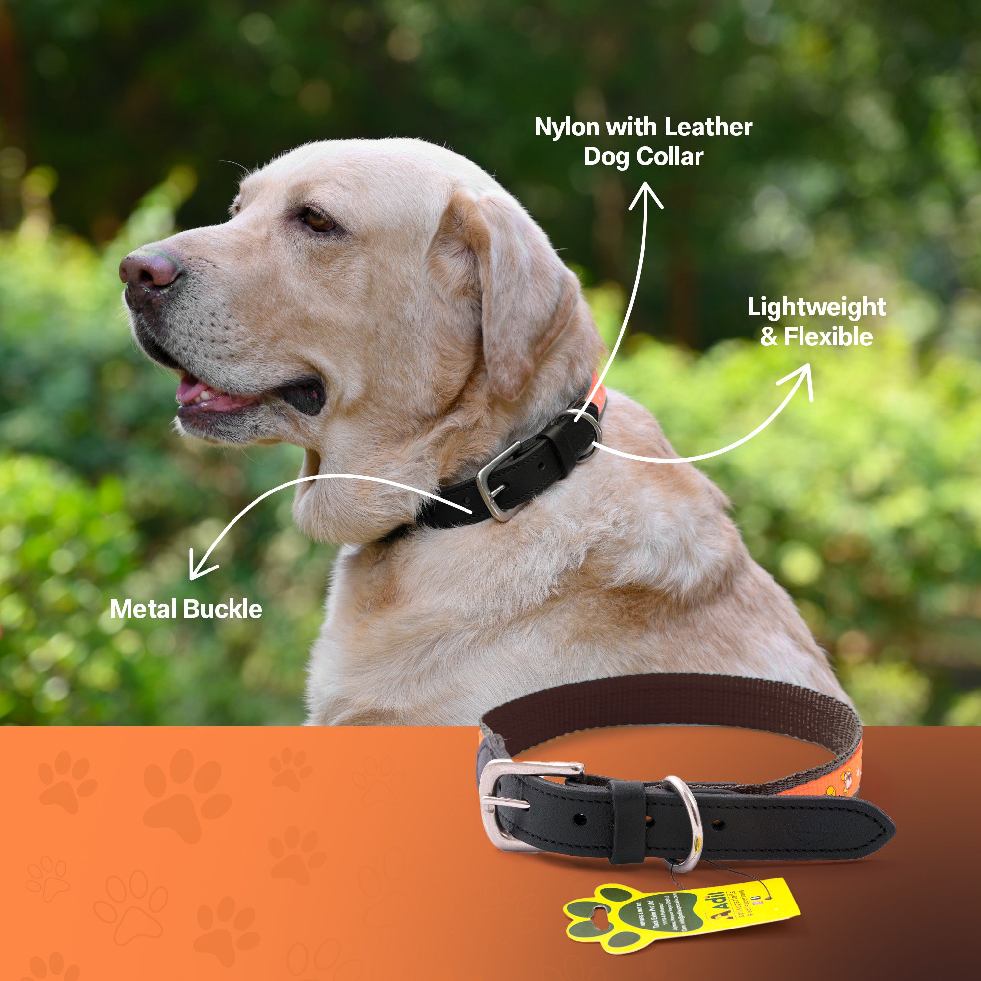 Nylon Dog Collar with Paw Print, Adjustable Metal Buckle