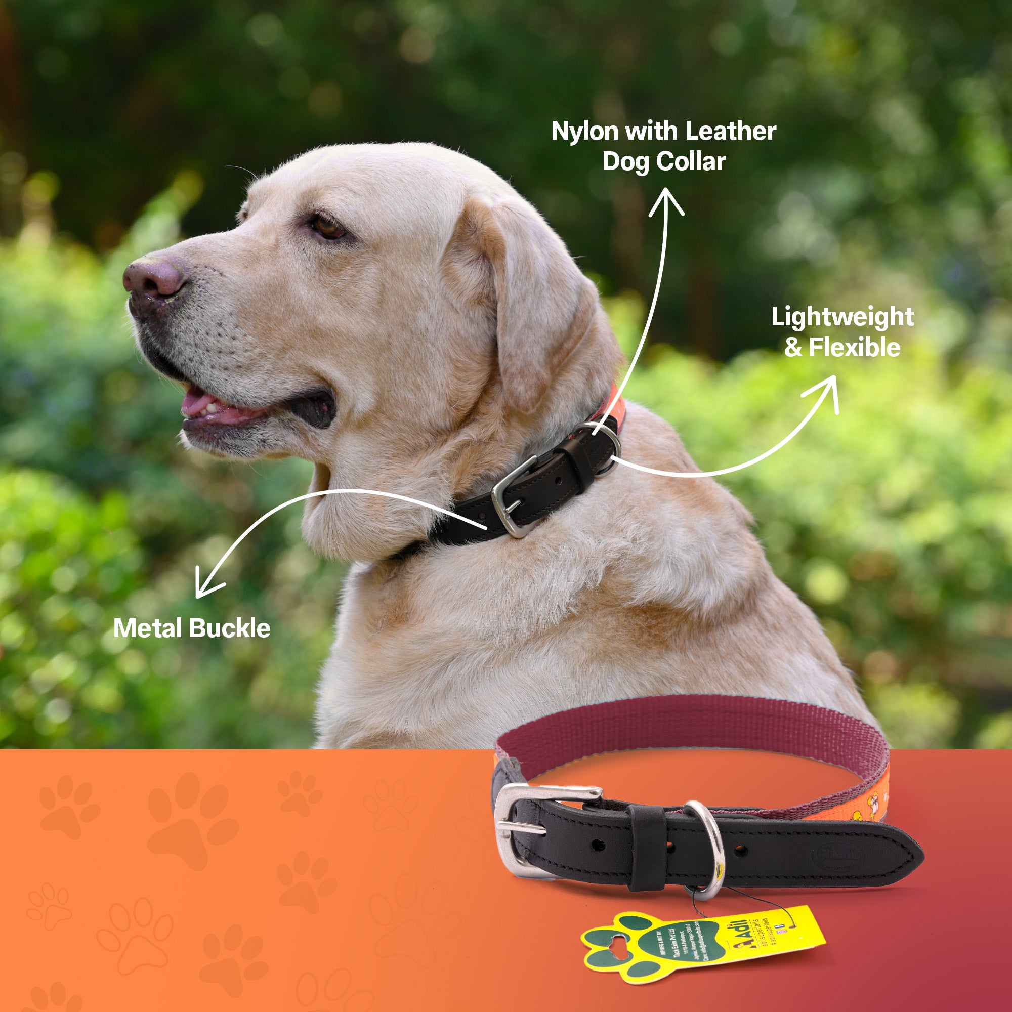 Nylon Dog Collar with Paw Print, Adjustable Metal Buckle