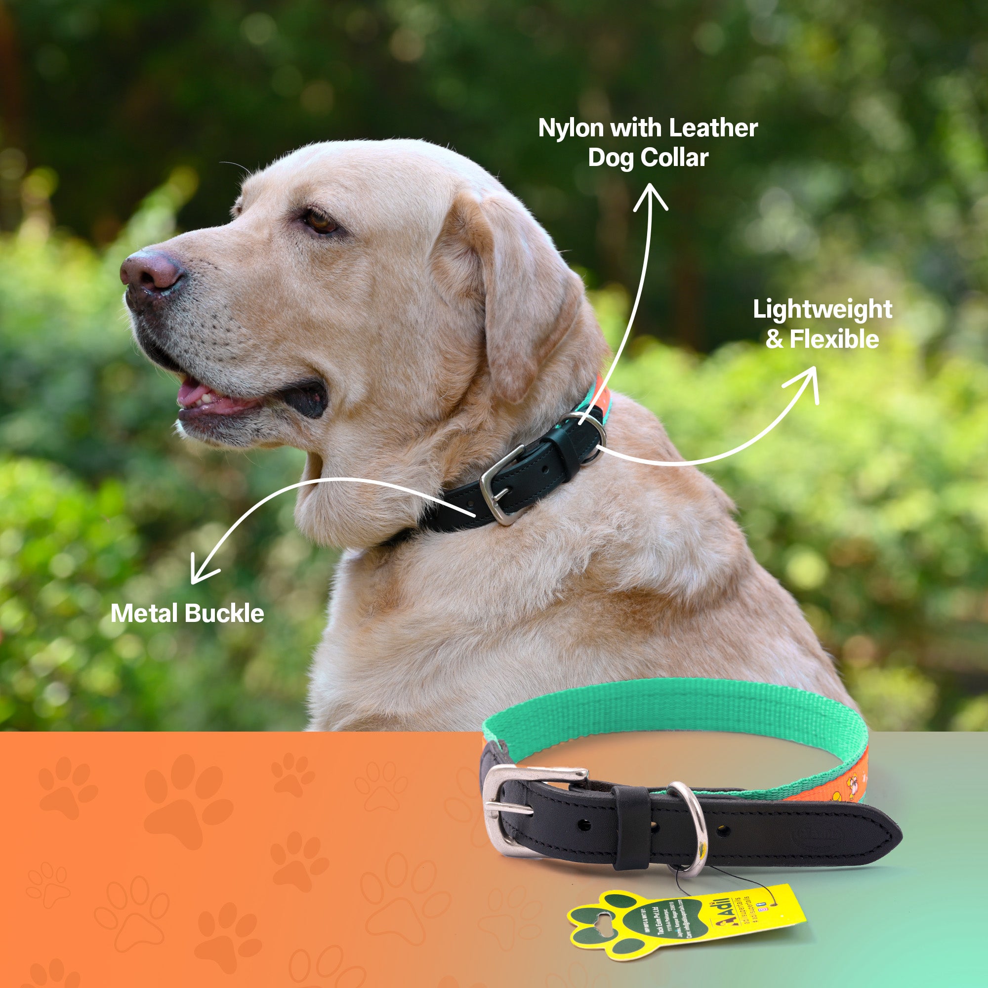 Nylon Dog Collar with Paw Print, Adjustable Metal Buckle