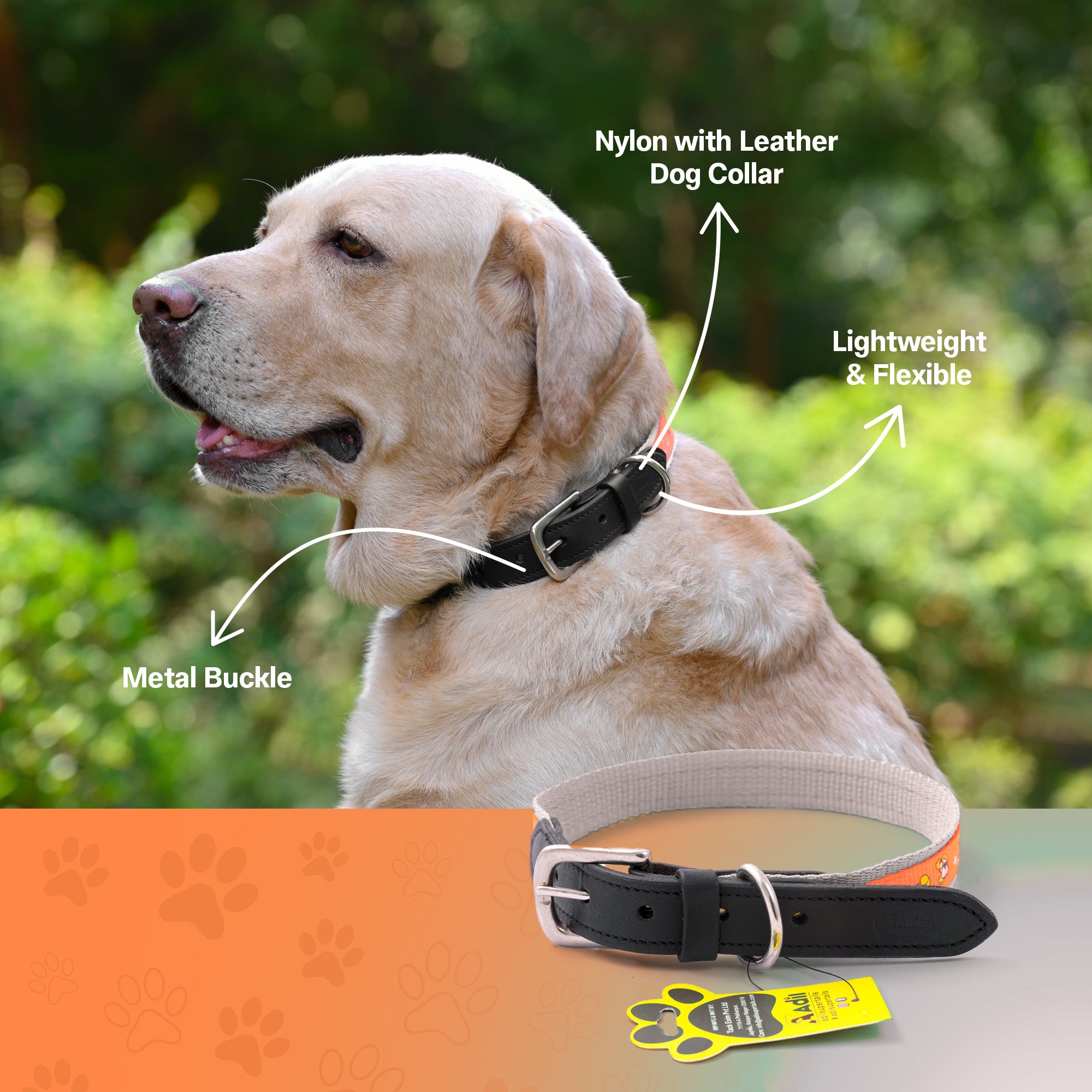 Nylon Dog Collar with Paw Print, Adjustable Metal Buckle