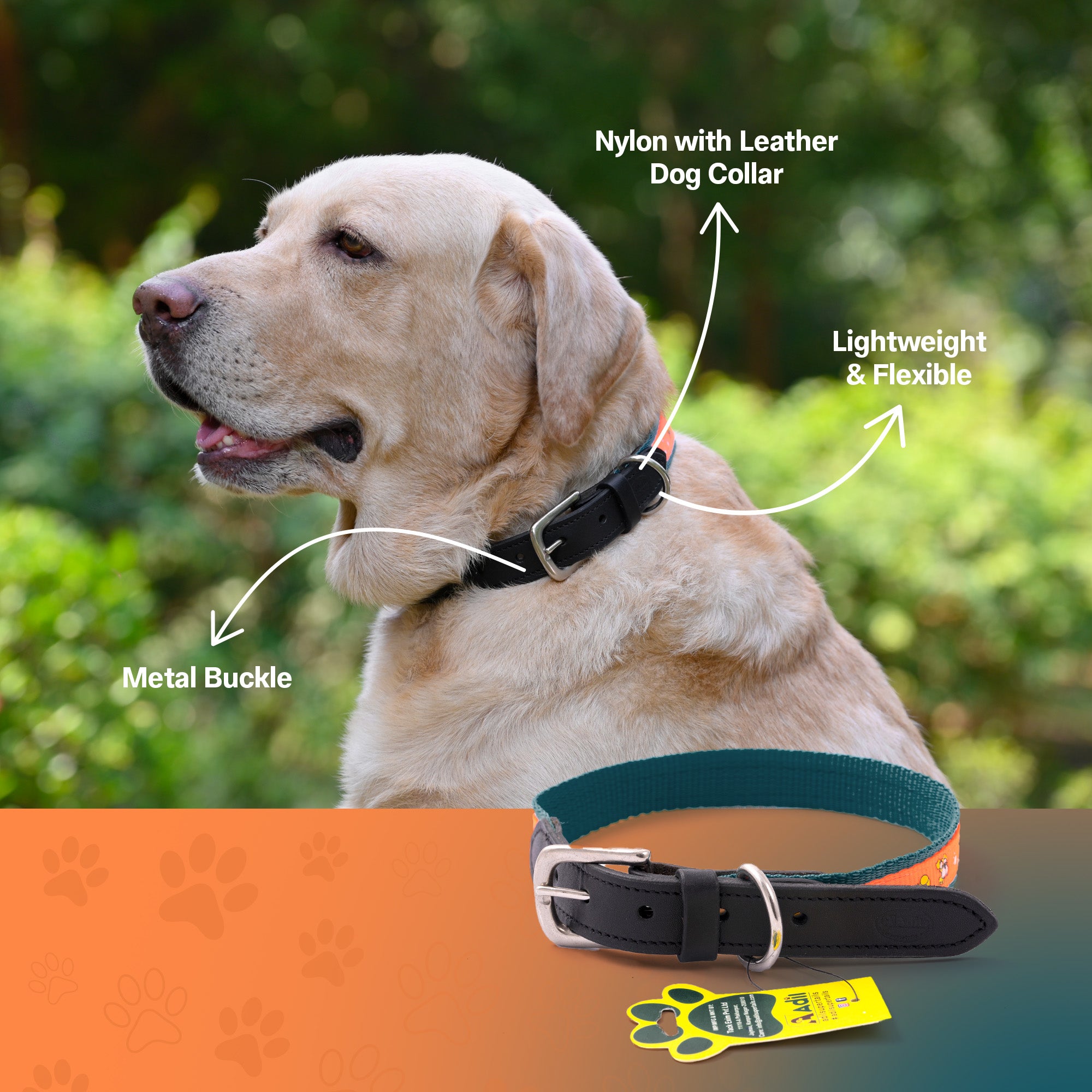Nylon Dog Collar with Paw Print, Adjustable Metal Buckle