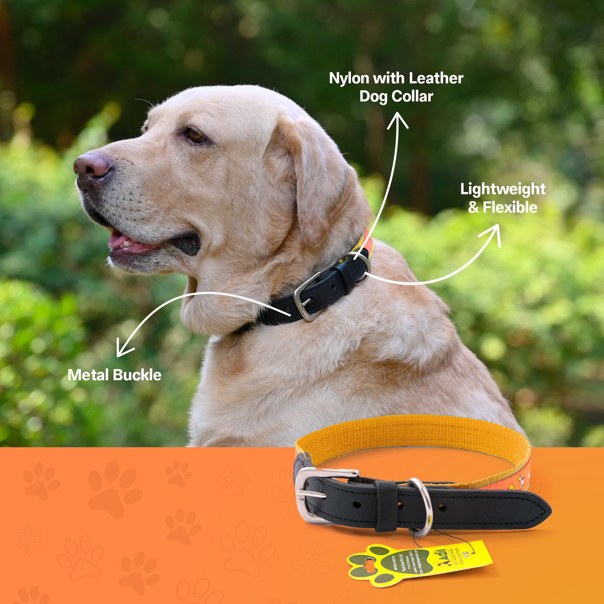 Nylon Dog Collar with Paw Print, Adjustable Metal Buckle