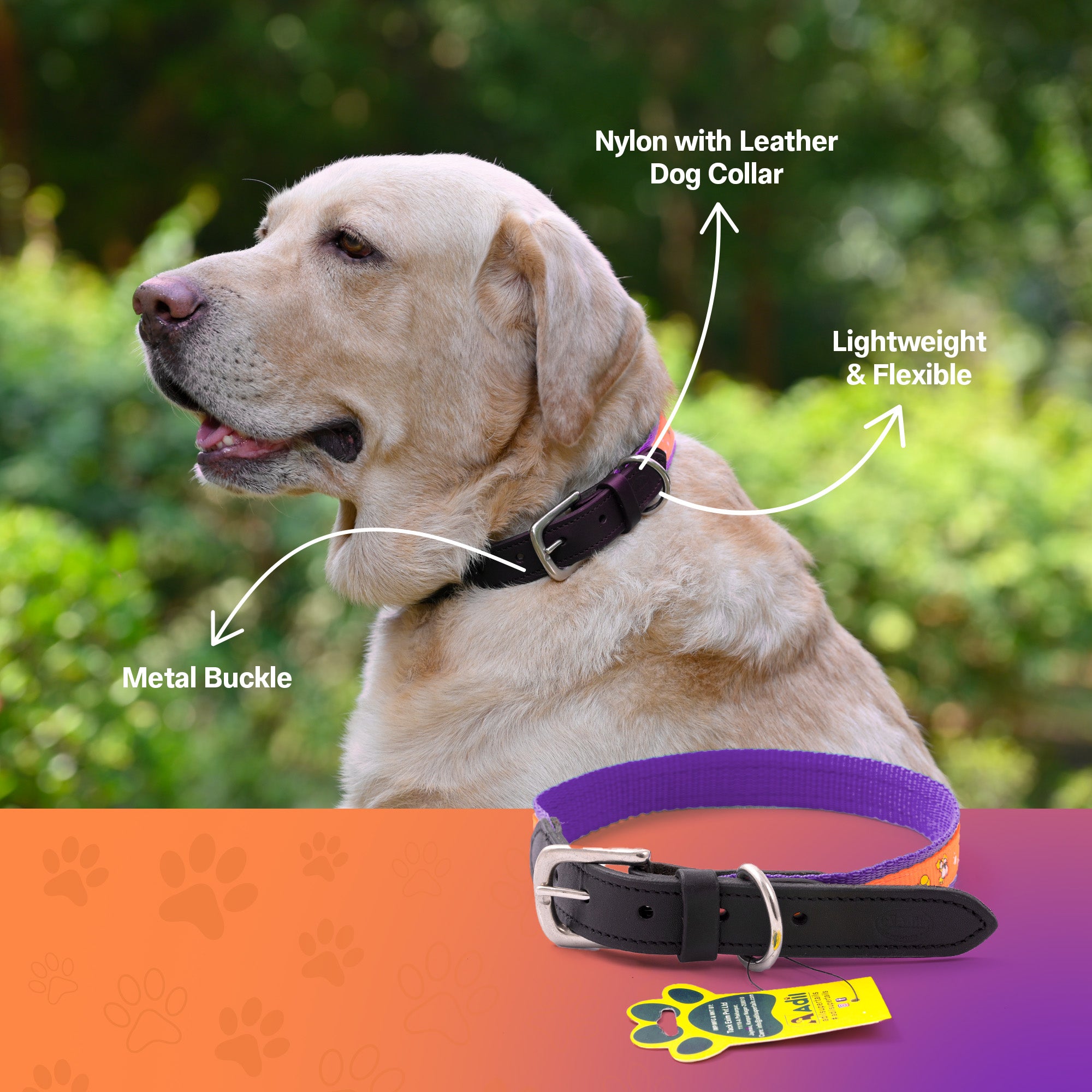 Nylon Dog Collar with Paw Print, Adjustable Metal Buckle