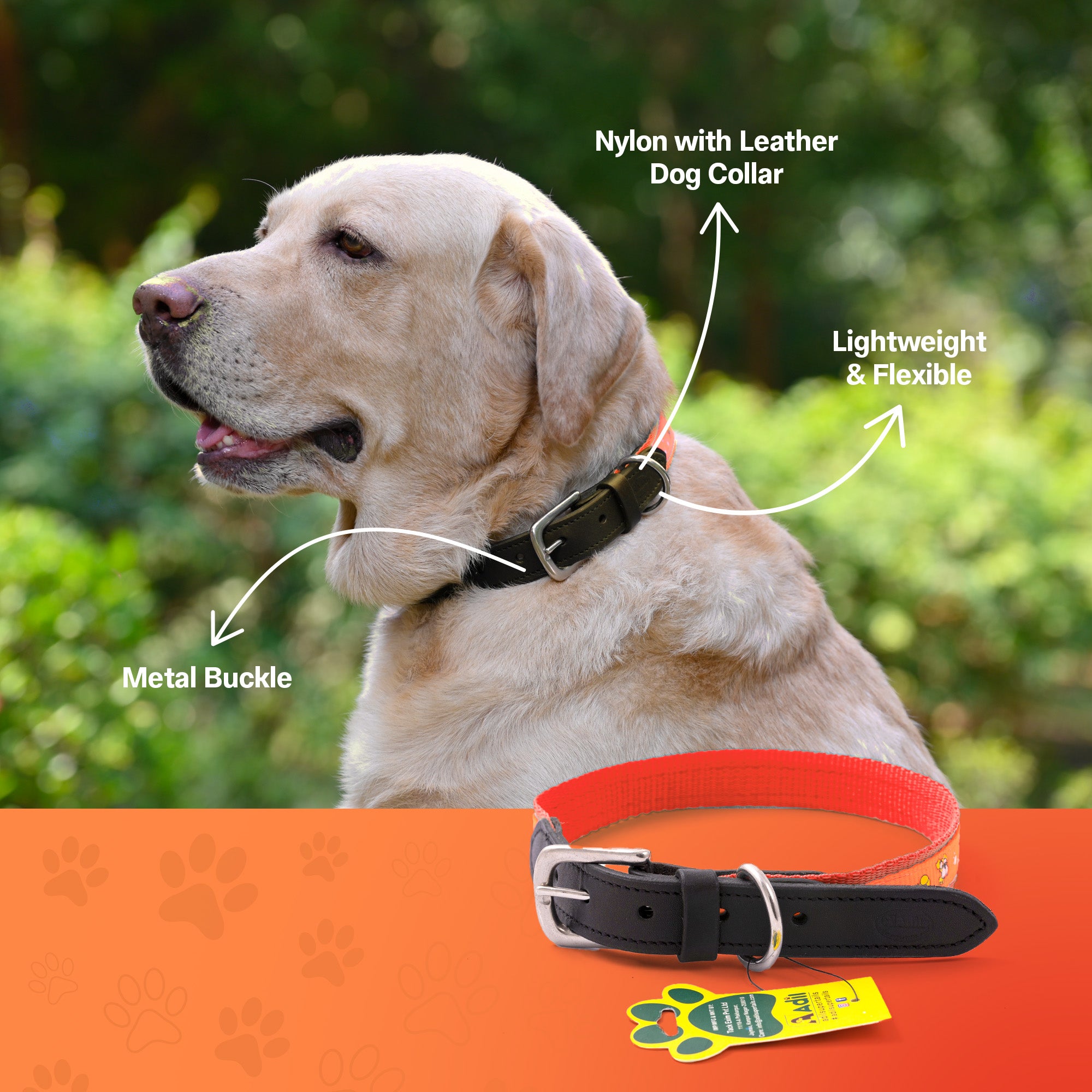 Nylon Dog Collar with Paw Print, Adjustable Metal Buckle