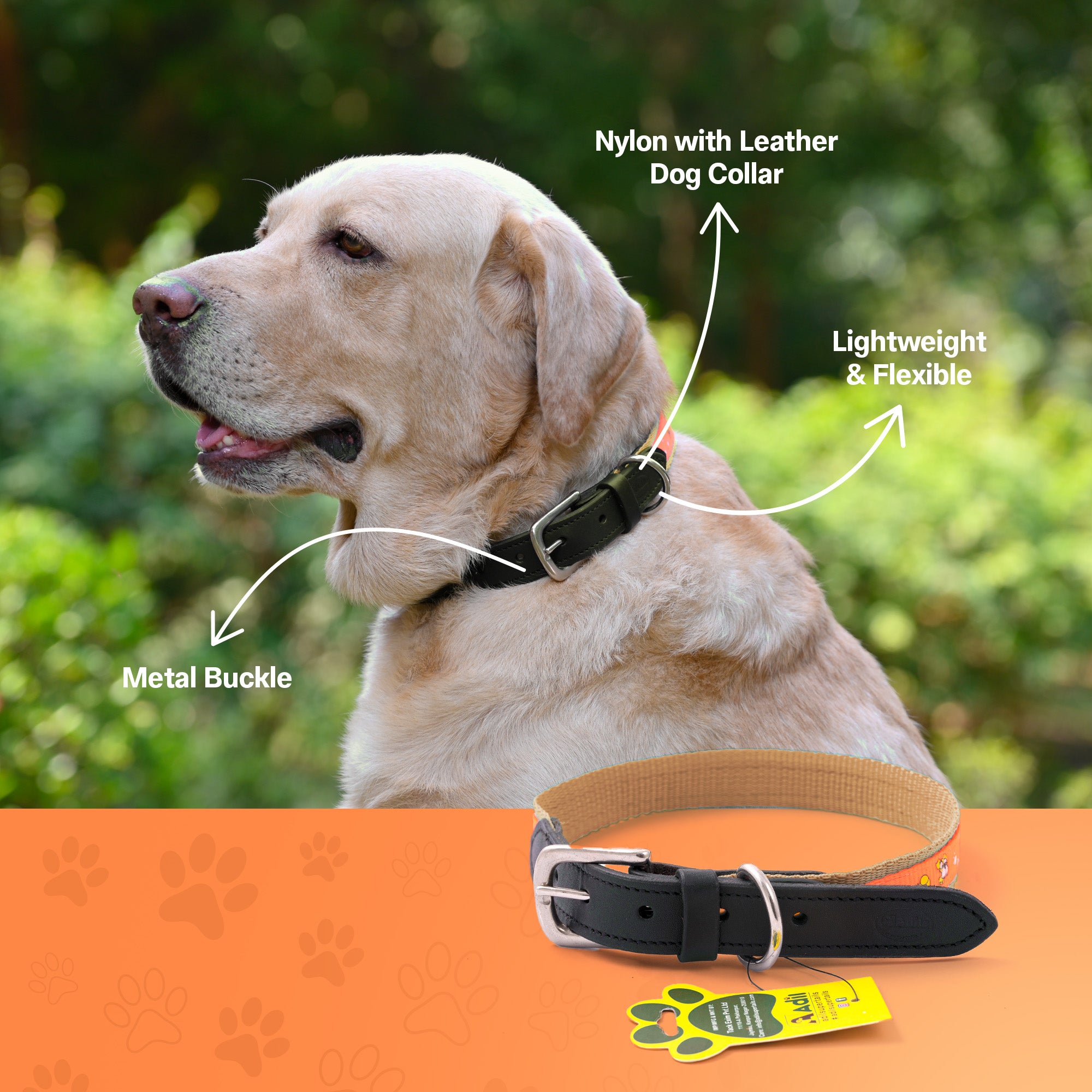 Nylon Dog Collar with Paw Print, Adjustable Metal Buckle