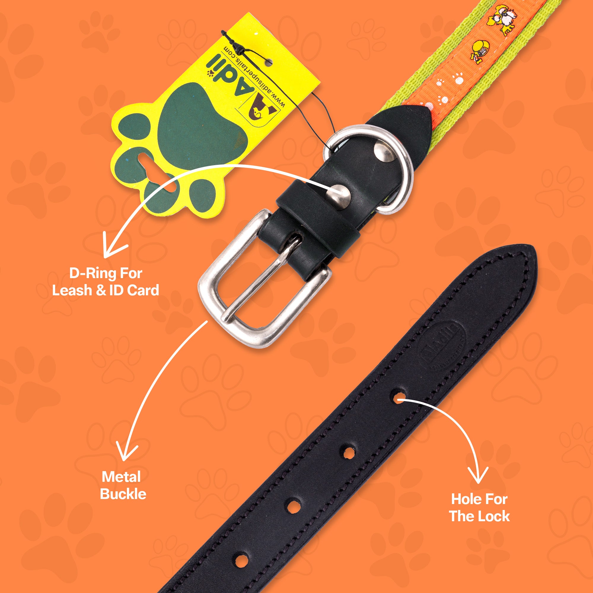 Nylon Dog Collar with Paw Print, Adjustable Metal Buckle