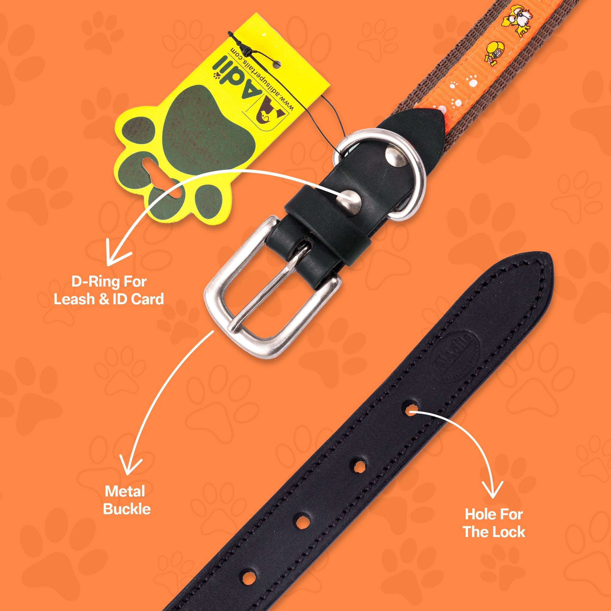 Nylon Dog Collar with Paw Print, Adjustable Metal Buckle