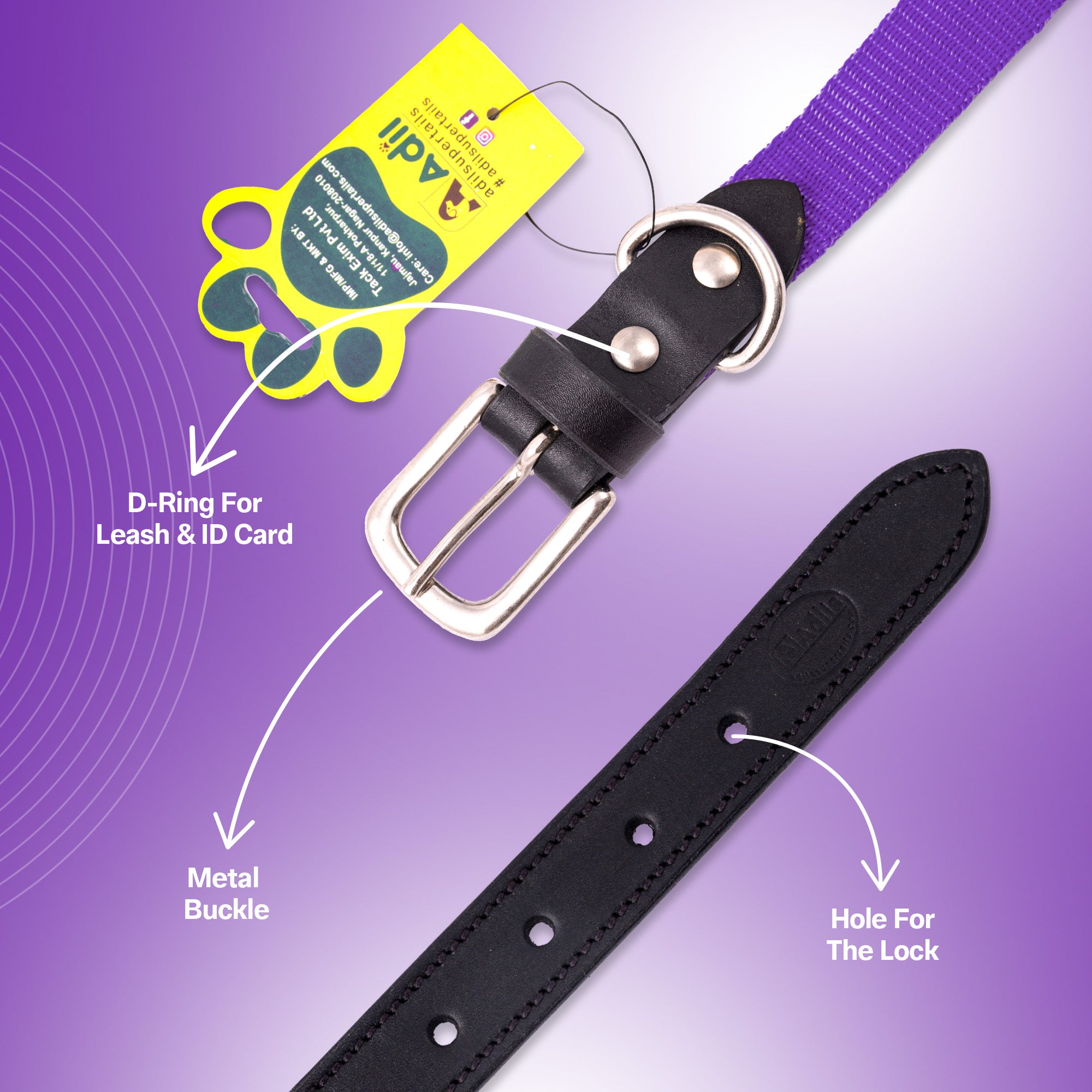 Nylon Dog Collar with Leather finish and Adjustable Metal Buckle