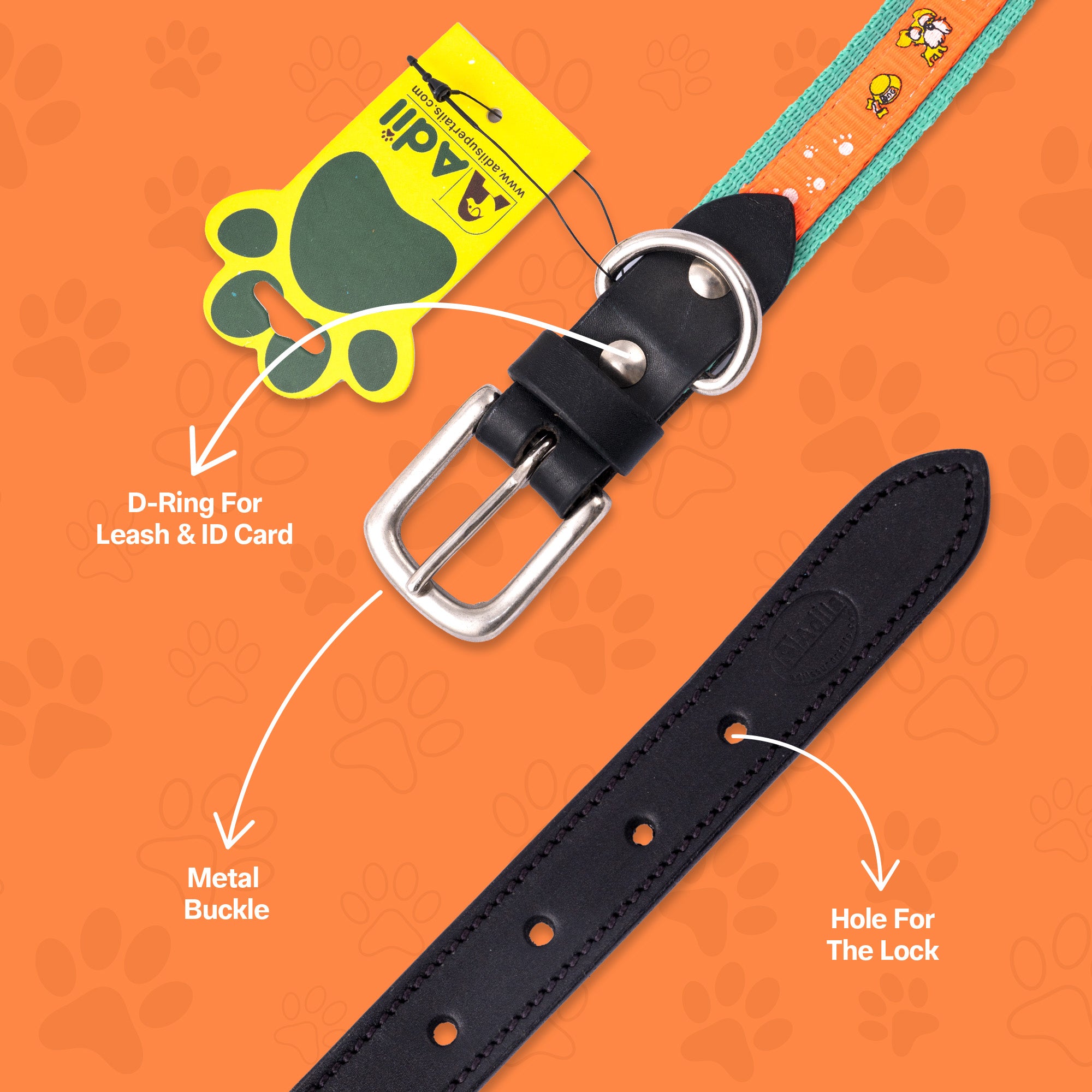 Nylon Dog Collar with Paw Print, Adjustable Metal Buckle