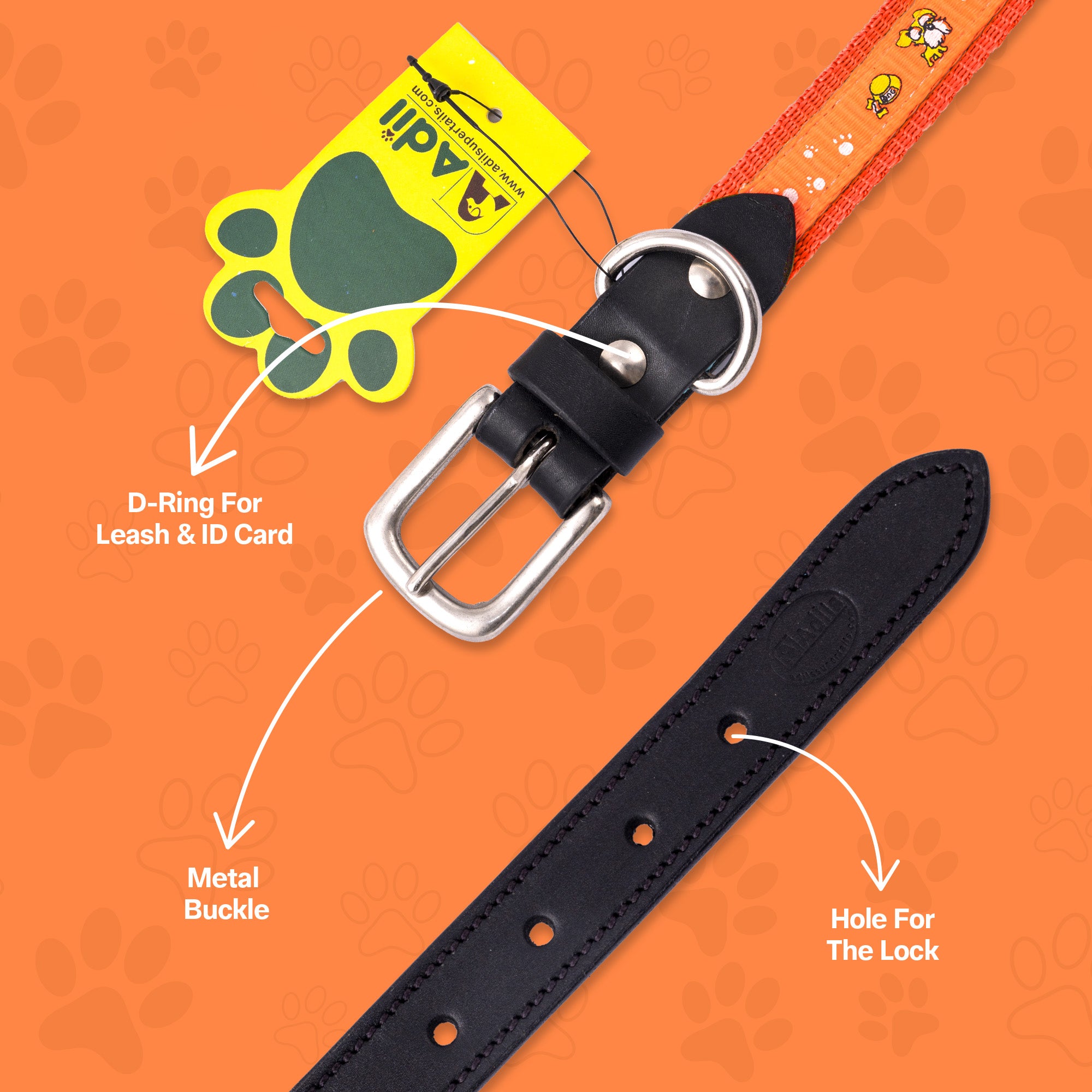 Nylon Dog Collar with Paw Print, Adjustable Metal Buckle