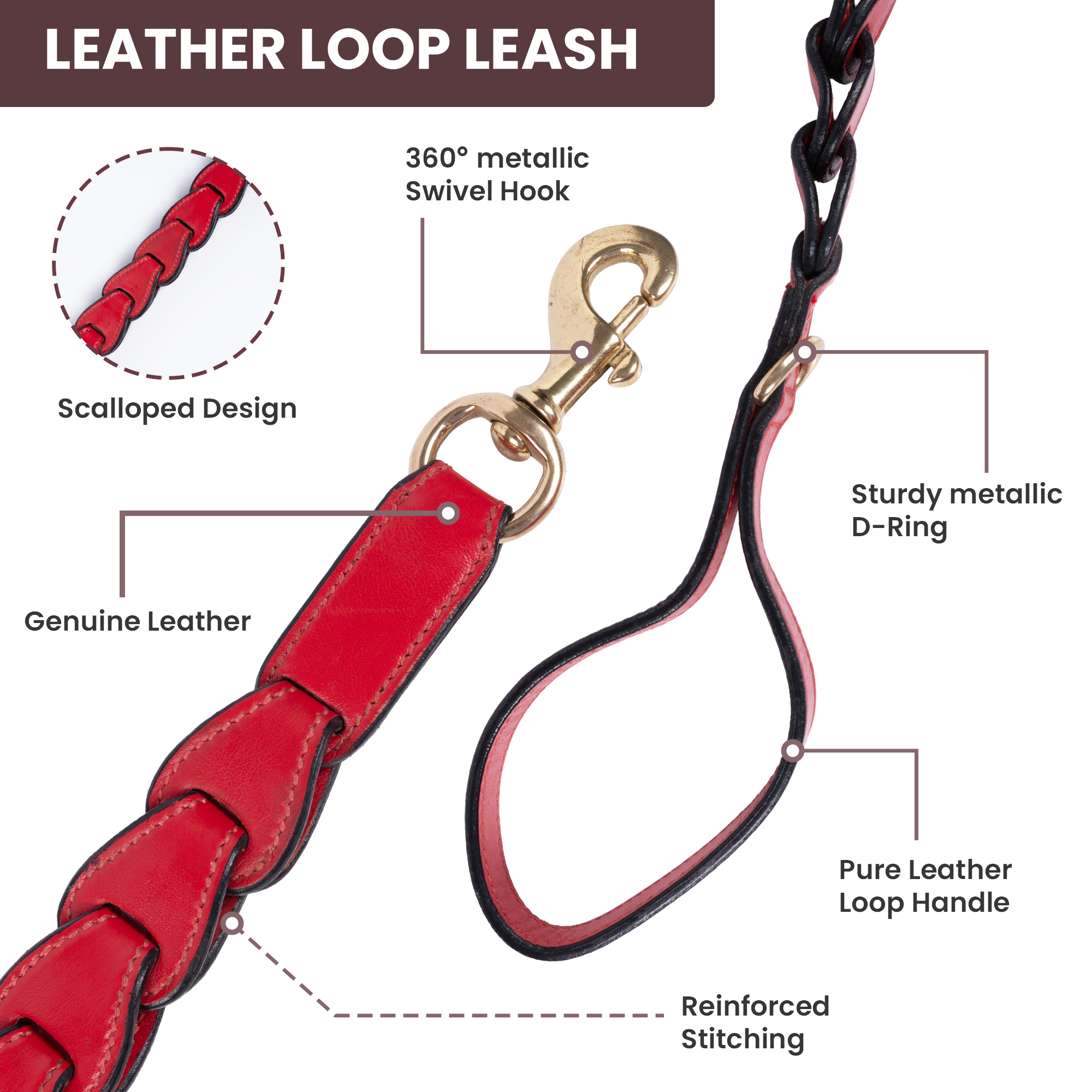 Adil's Genuine Leather Customise Dog Collar Leash Combo Set | Scallop Loop Design | Metal Buckle D-Ring | 360° Swivel Hook | 1 Inch Collar 5Ft Leash Pets | Walking Training