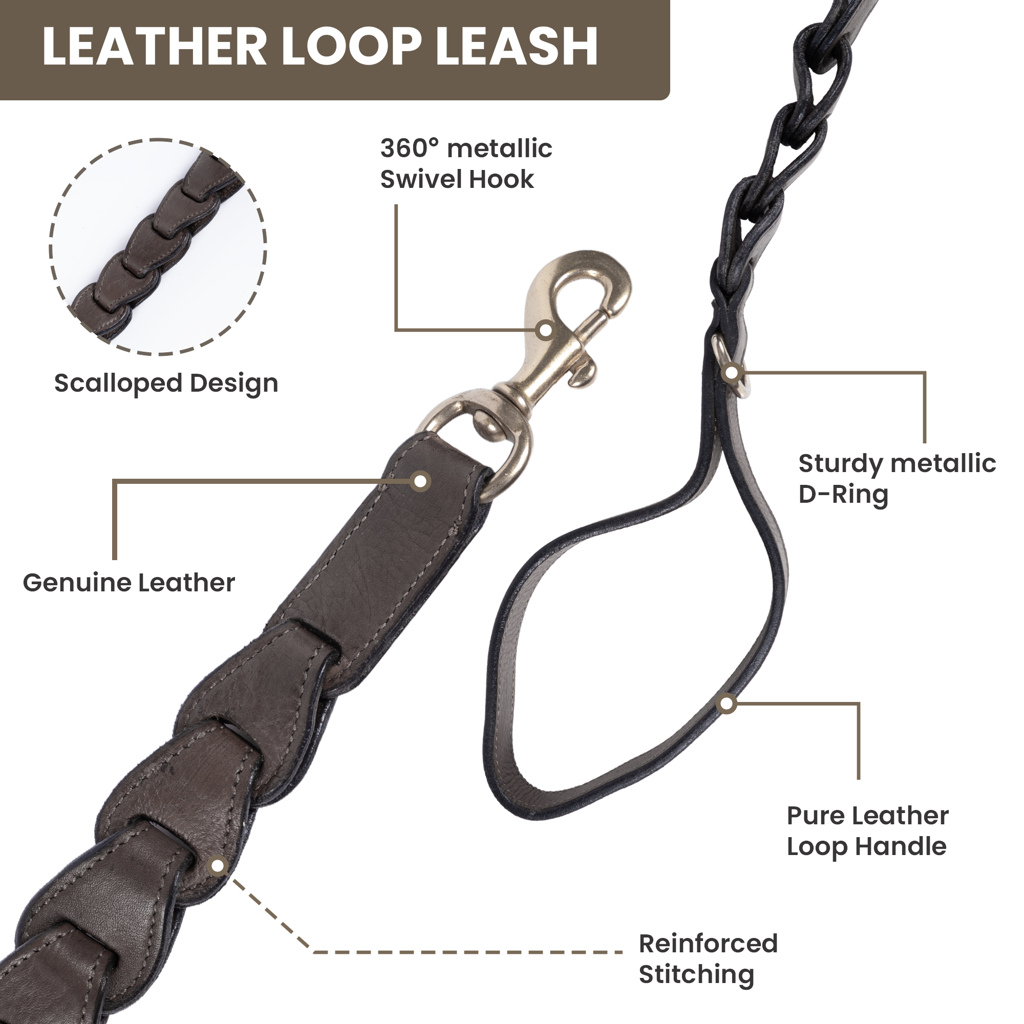 Adil's Genuine Leather Customise Dog Collar Leash Combo Set | Scallop Loop Design | Metal Buckle D-Ring | 360° Swivel Hook | 1 Inch Collar 5Ft Leash Pets | Walking Training