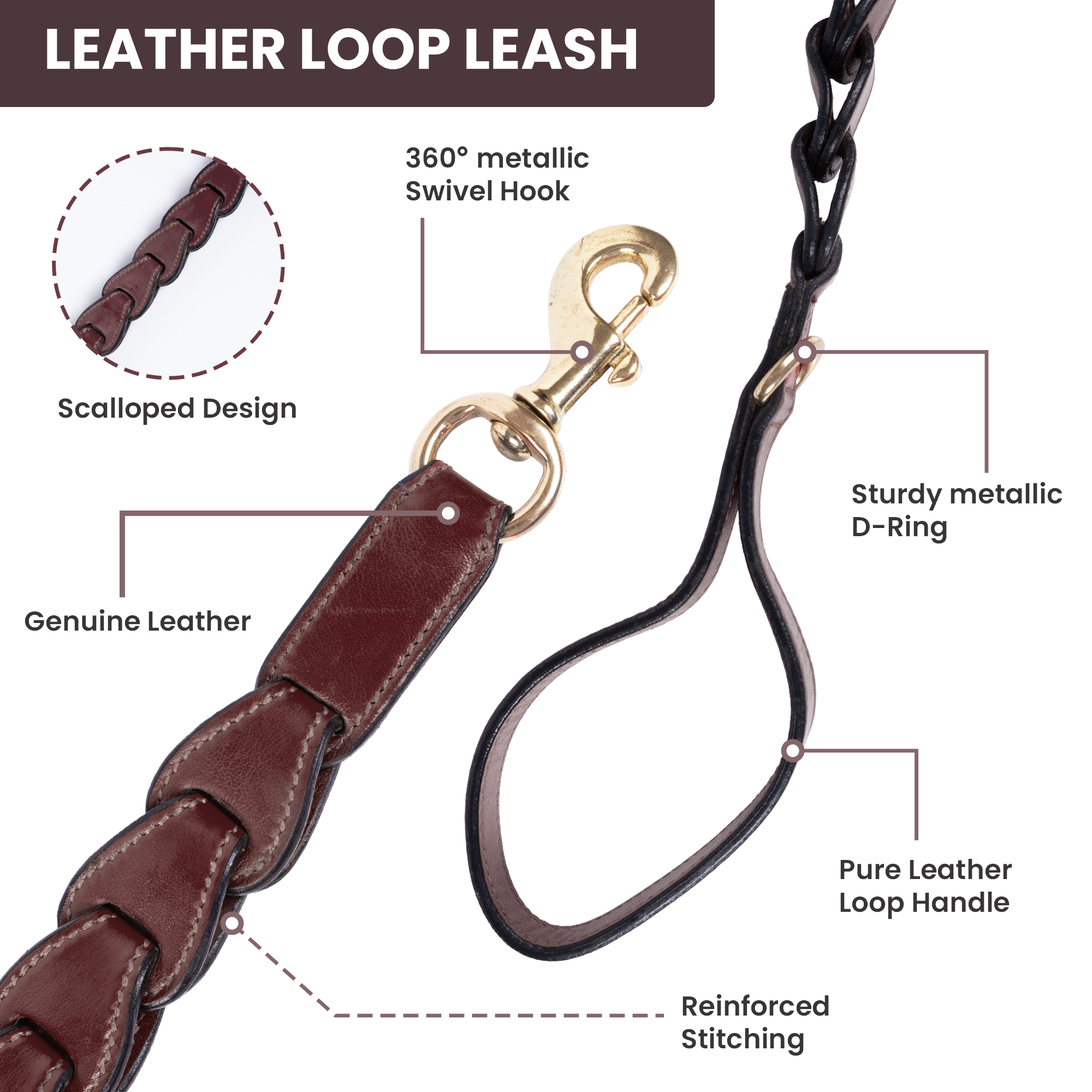 Adil's Genuine Leather Customise Dog Collar Leash Combo Set | Scallop Loop Design | Metal Buckle D-Ring | 360° Swivel Hook | 1 Inch Collar 5Ft Leash Pets | Walking Training