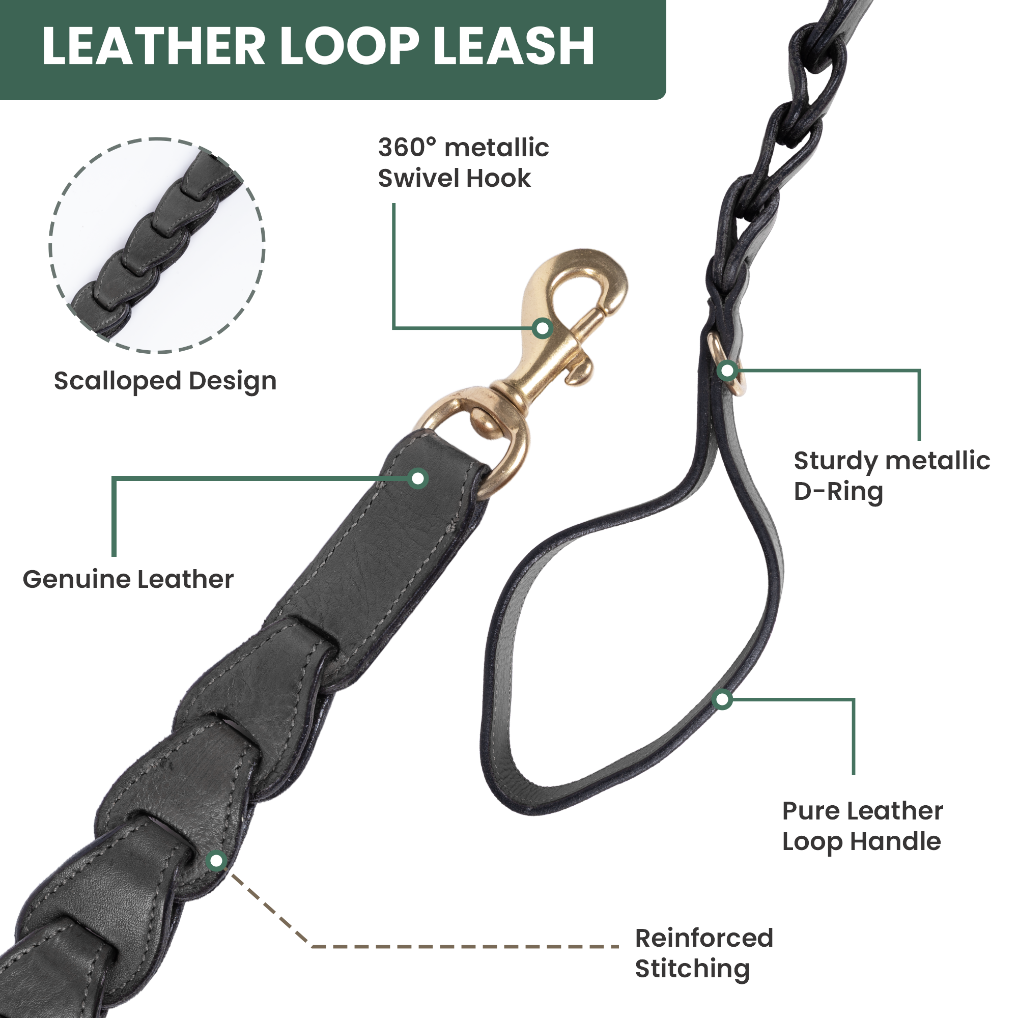 Adil's Genuine Leather Customise Dog Collar Leash Combo Set | Scallop Loop Design | Metal Buckle D-Ring | 360° Swivel Hook | 1 Inch Collar 5Ft Leash Pets | Walking Training