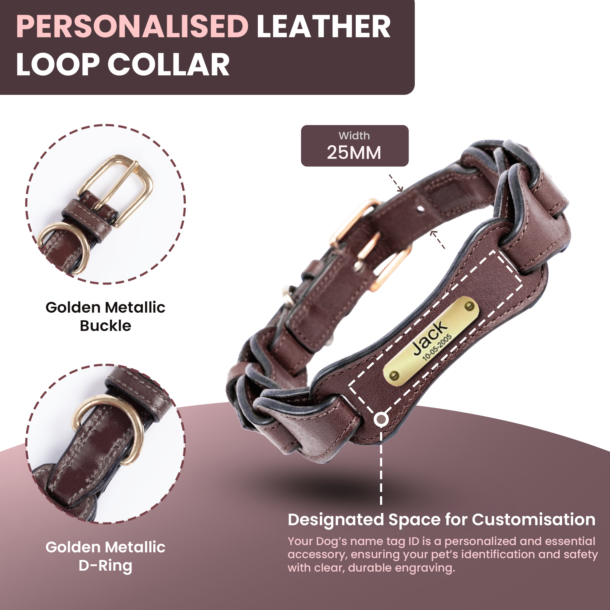 Adil's Genuine Leather Customise Dog Collar Leash Combo Set | Scallop Loop Design | Metal Buckle D-Ring | 360° Swivel Hook | 1 Inch Collar 5Ft Leash Pets | Walking Training