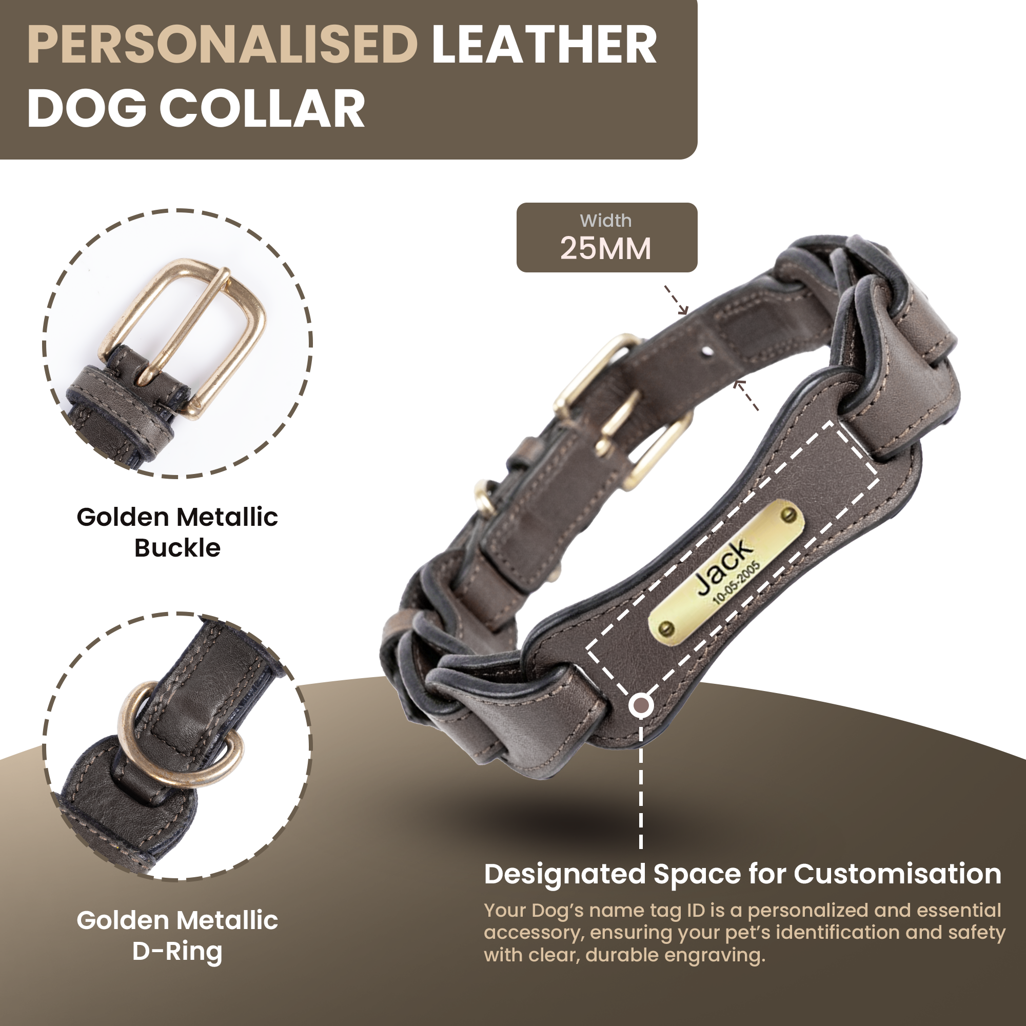 Adil's Genuine Leather Customise Dog Collar Leash Combo Set | Scallop Loop Design | Metal Buckle D-Ring | 360° Swivel Hook | 1 Inch Collar 5Ft Leash Pets | Walking Training