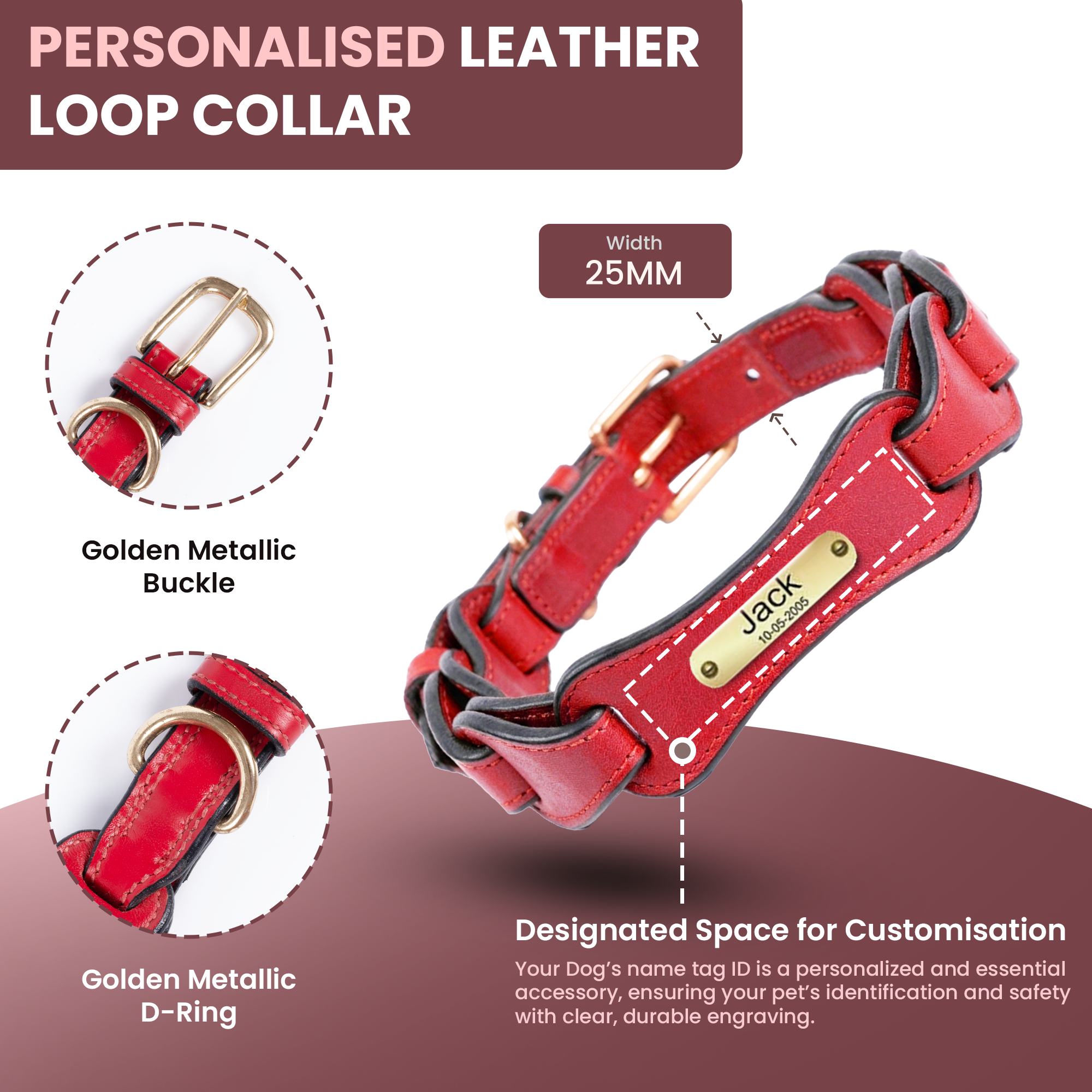Adil's Genuine Leather Customise Dog Collar Leash Combo Set | Scallop Loop Design | Metal Buckle D-Ring | 360° Swivel Hook | 1 Inch Collar 5Ft Leash Pets | Walking Training