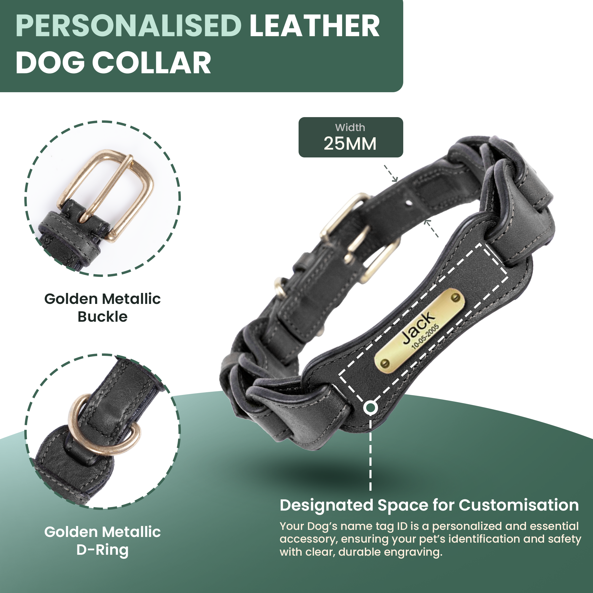 Adil's Genuine Leather Customise Dog Collar Leash Combo Set | Scallop Loop Design | Metal Buckle D-Ring | 360° Swivel Hook | 1 Inch Collar 5Ft Leash Pets | Walking Training
