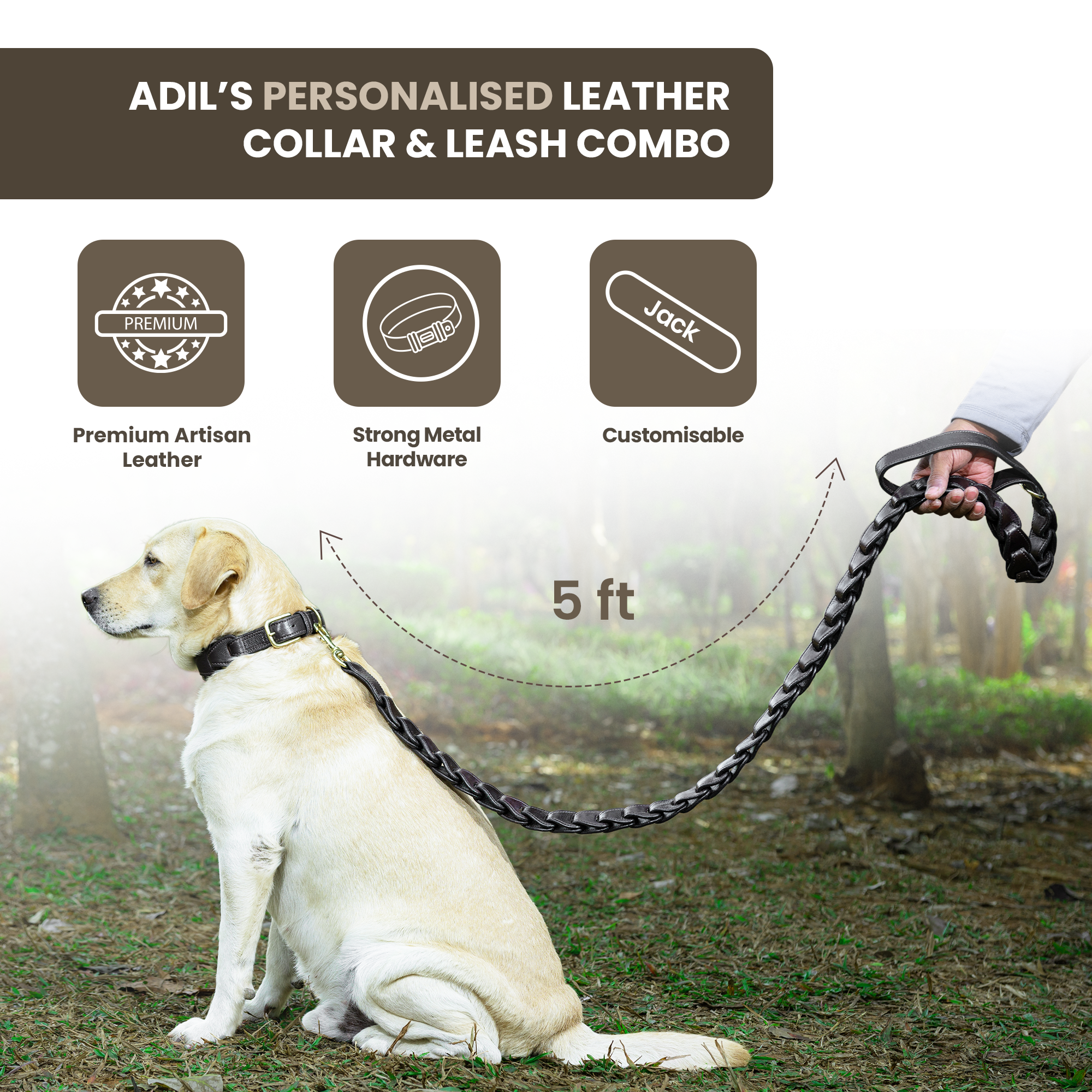 Adil's Genuine Leather Customise Dog Collar Leash Combo Set | Scallop Loop Design | Metal Buckle D-Ring | 360° Swivel Hook | 1 Inch Collar 5Ft Leash Pets | Walking Training