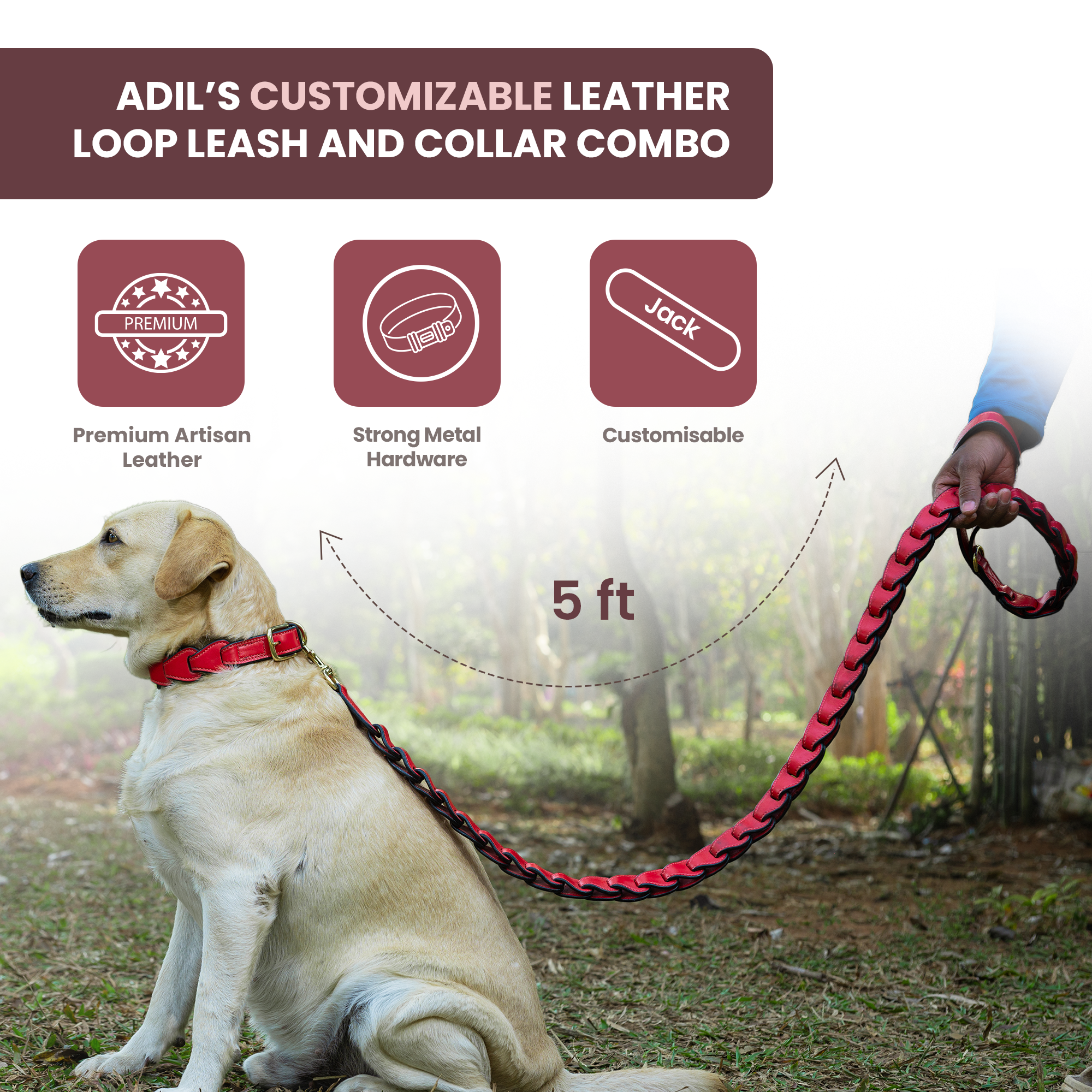 Adil's Genuine Leather Customise Dog Collar Leash Combo Set | Scallop Loop Design | Metal Buckle D-Ring | 360° Swivel Hook | 1 Inch Collar 5Ft Leash Pets | Walking Training