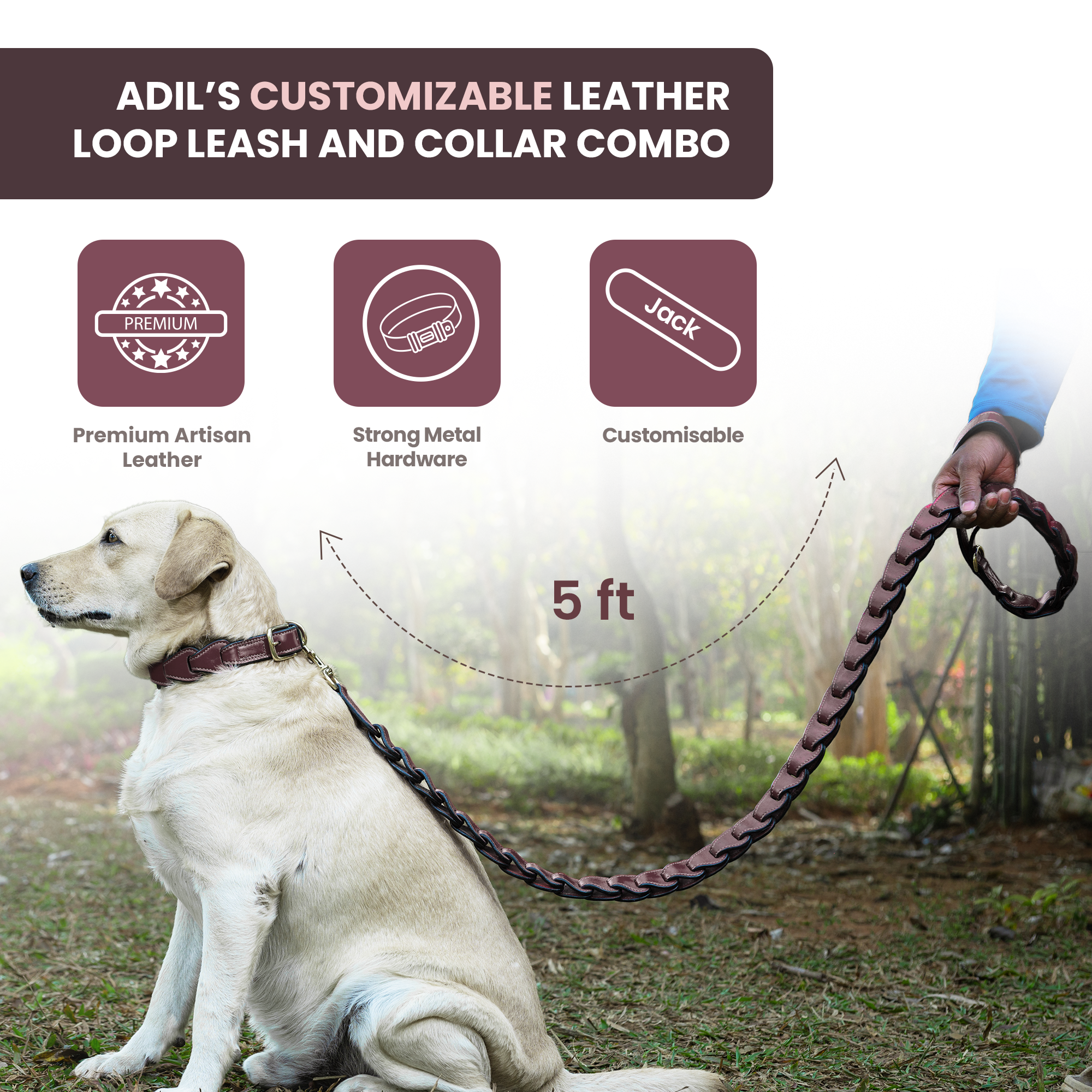 Adil's Genuine Leather Customise Dog Collar Leash Combo Set | Scallop Loop Design | Metal Buckle D-Ring | 360° Swivel Hook | 1 Inch Collar 5Ft Leash Pets | Walking Training