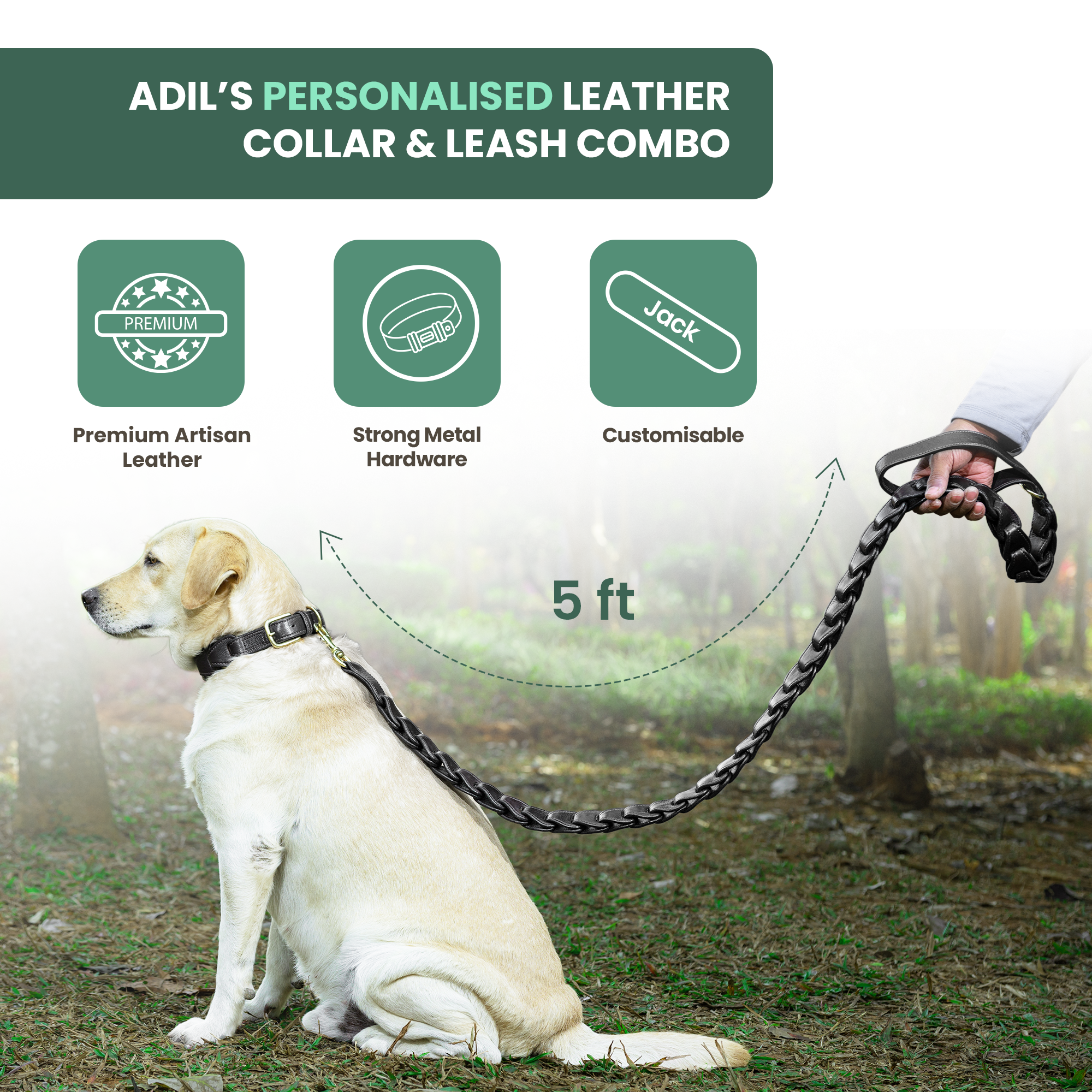 Adil's Genuine Leather Customise Dog Collar Leash Combo Set | Scallop Loop Design | Metal Buckle D-Ring | 360° Swivel Hook | 1 Inch Collar 5Ft Leash Pets | Walking Training