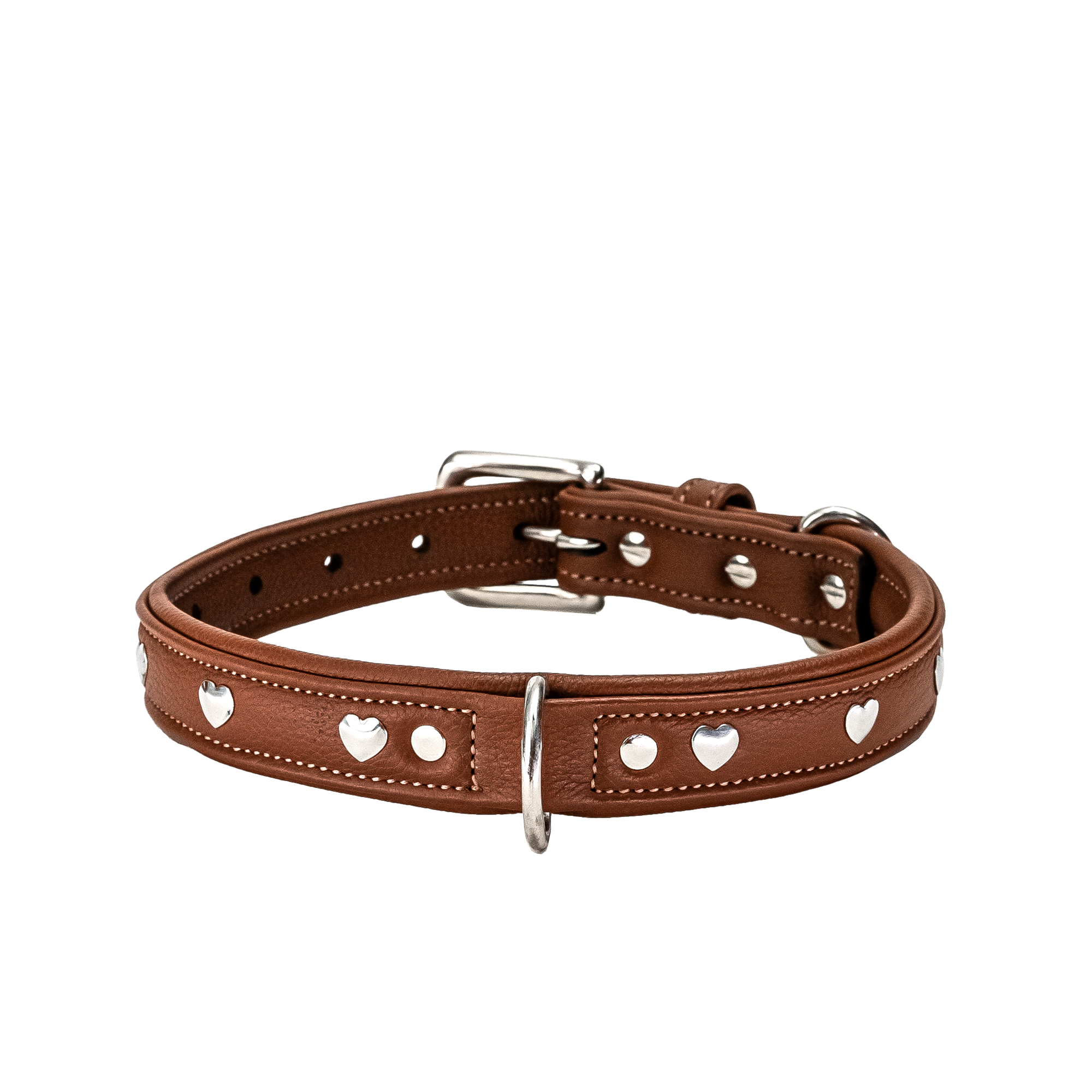 Adil'S Genuine Leather Heart Studded Dog Collar 1in Width, Neck Size: 12" to 26", Cognac Leather Dog Collar with Soft Padding, Sturdy & Strong D-Ring for leashes & ID Card