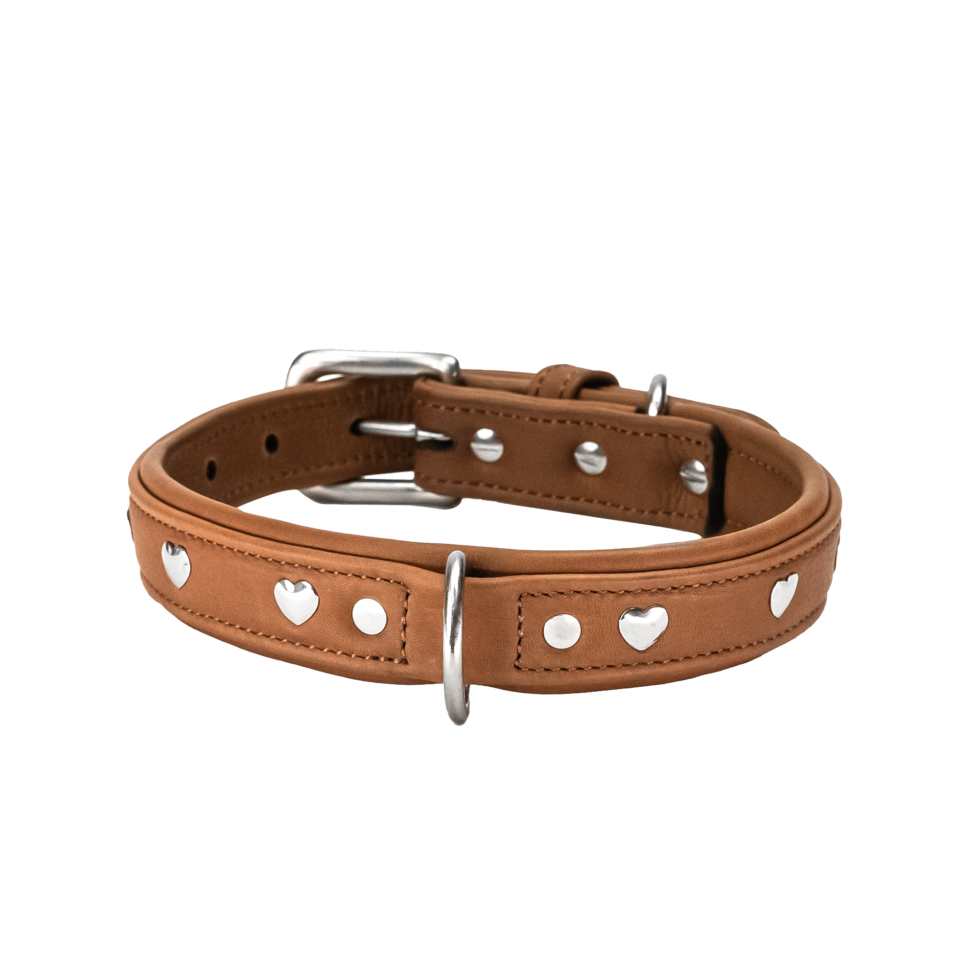 Adil'S Genuine Leather Heart Studded Dog Collar 1in Width, Neck Size: 12" to 26", Cognac Leather Dog Collar with Soft Padding, Sturdy & Strong D-Ring for leashes & ID Card