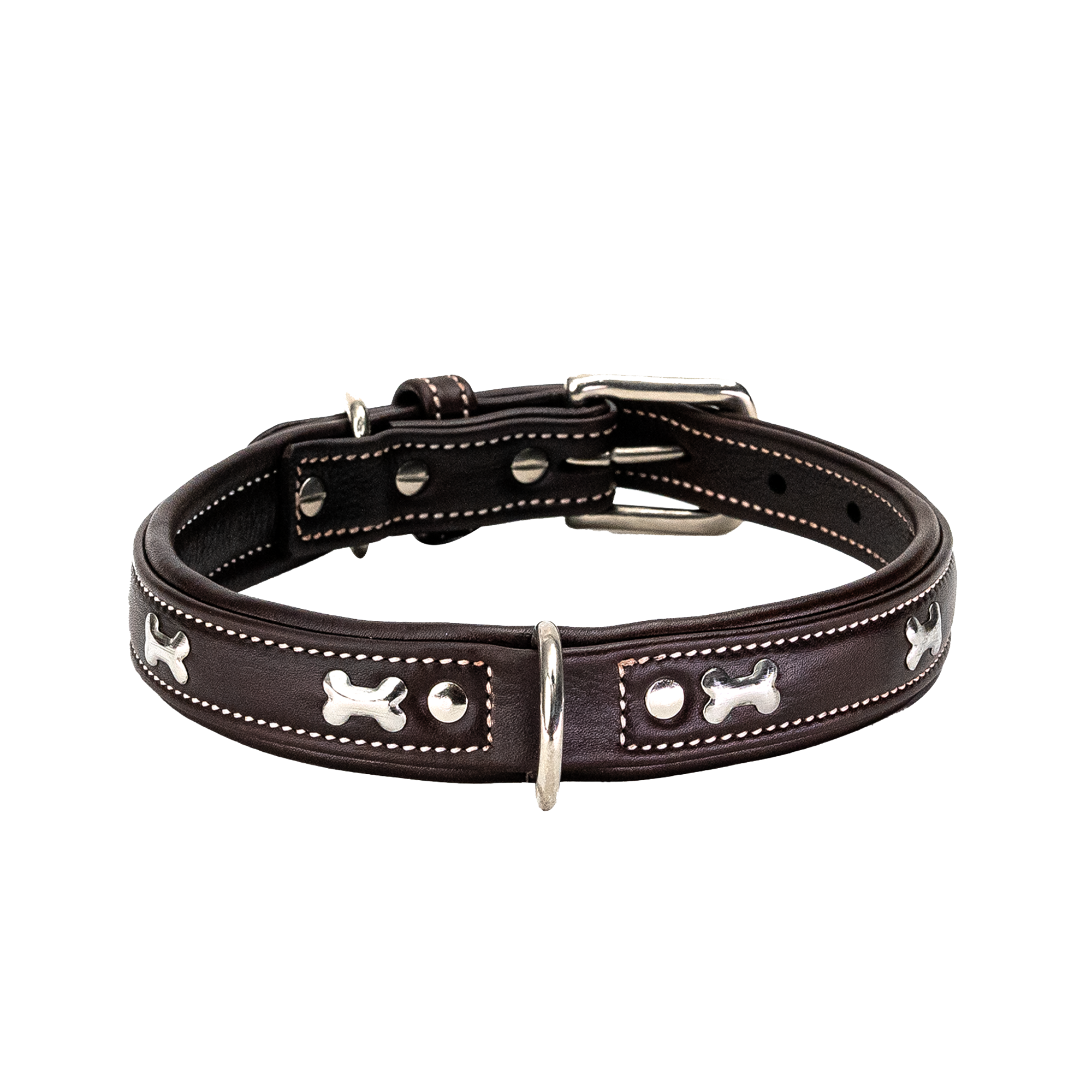 Adil's Metal Bone Studded Soft Leather Dog Collar - 1-Inch Adjustable with Strong Metal Buckle & D-Ring
