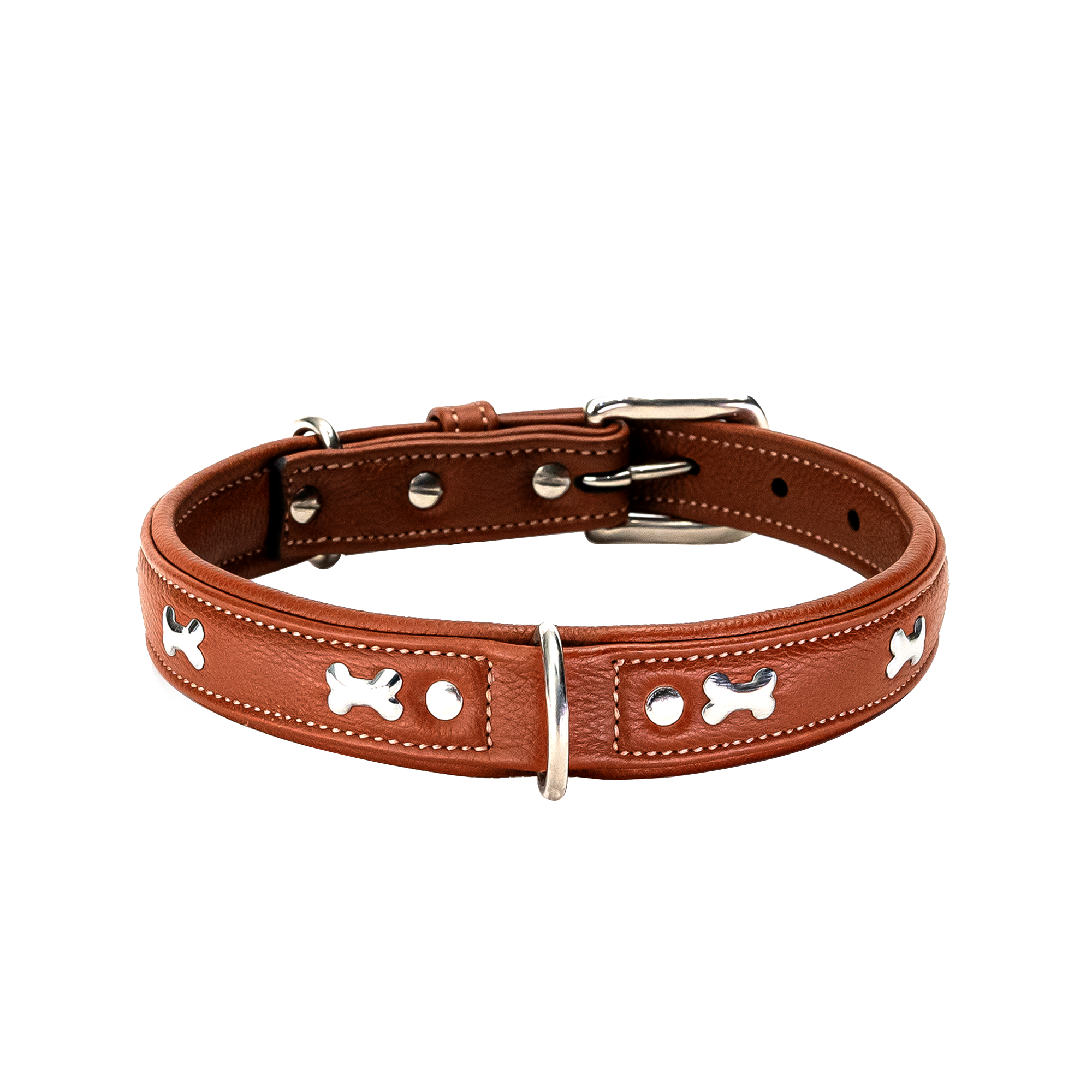Adil's Metal Bone Studded Soft Leather Dog Collar - 1-Inch Adjustable with Strong Metal Buckle & D-Ring