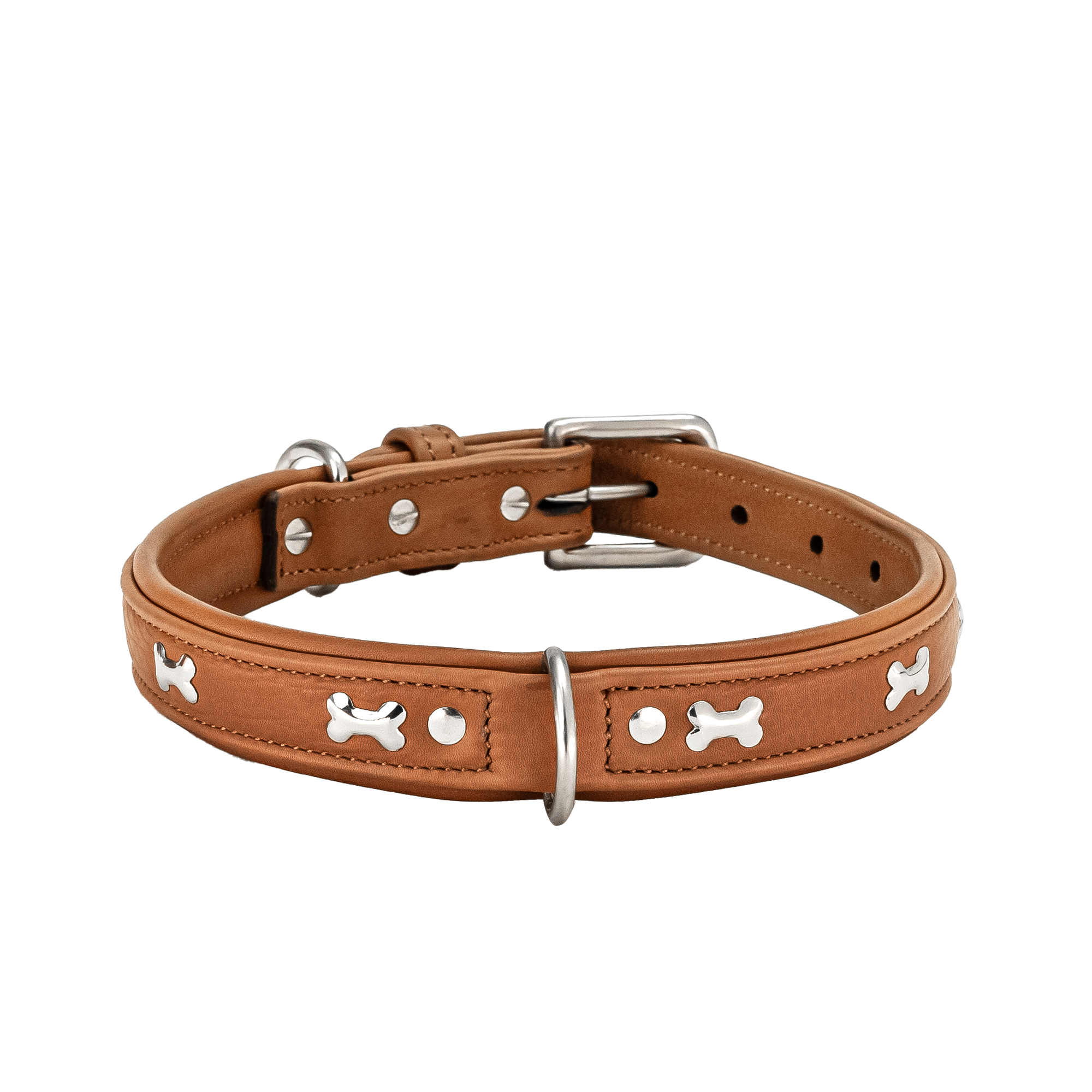Adil's Metal Bone Studded Soft Leather Dog Collar - 1-Inch Adjustable with Strong Metal Buckle & D-Ring
