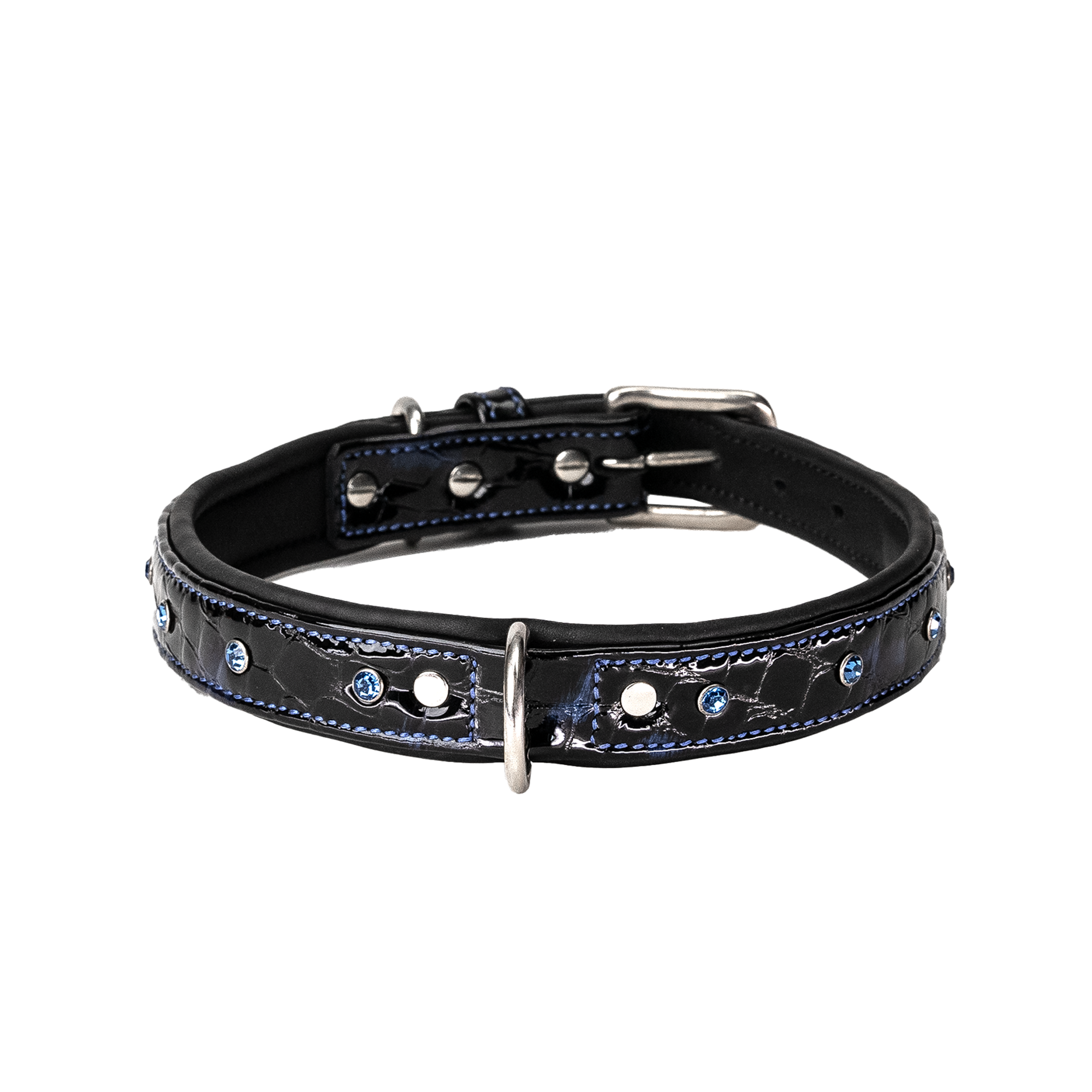 Adil’S Glossy Patent Leather Dog Collar – 1” Wide, Blue Crystal Studded, Classic Blue Stitch, Strong Metal Buckle & D-Ring, Adjustable Neck