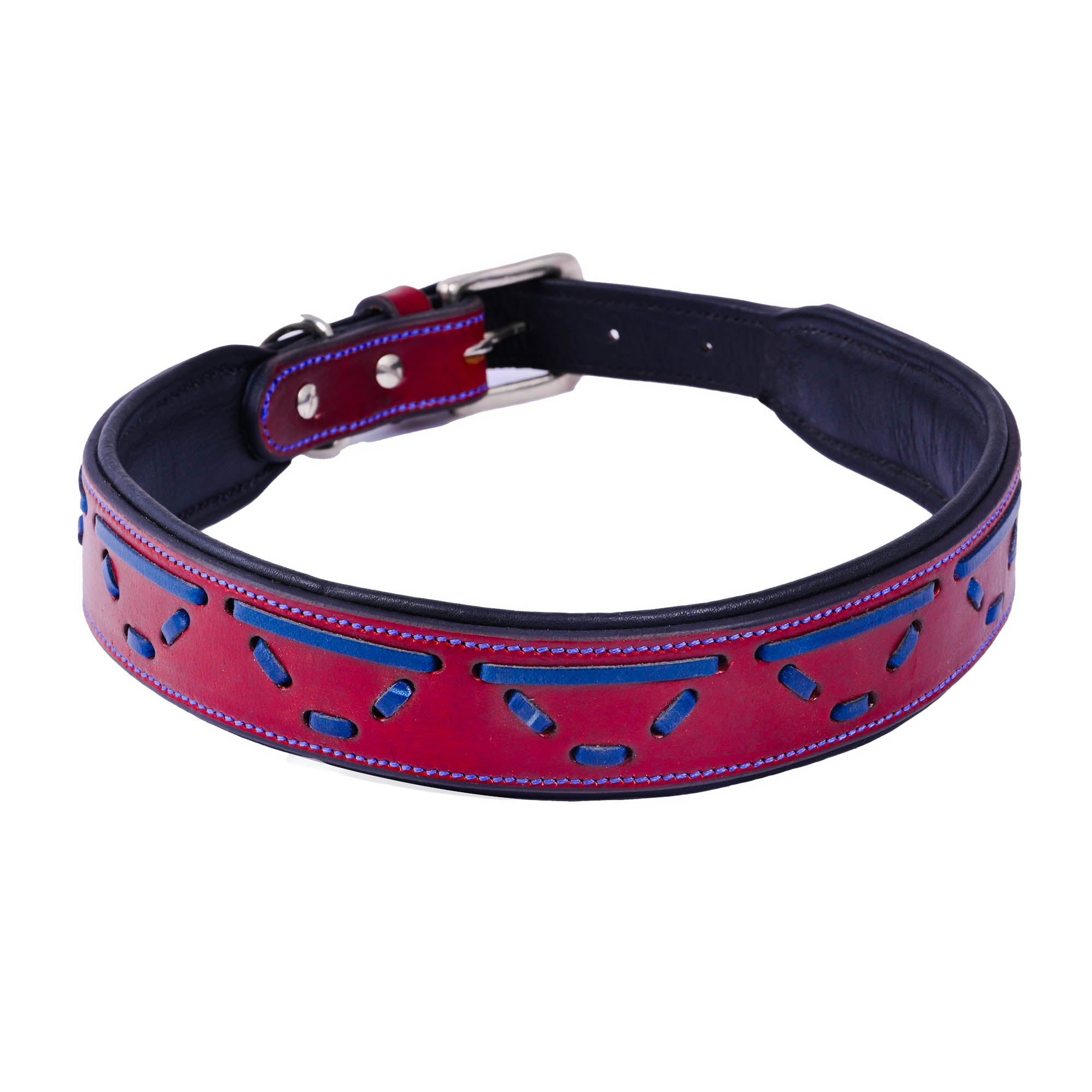 Adil's Leather Dog Collar with Metal Buckle & D-Ring - Red & Navy Blue Design