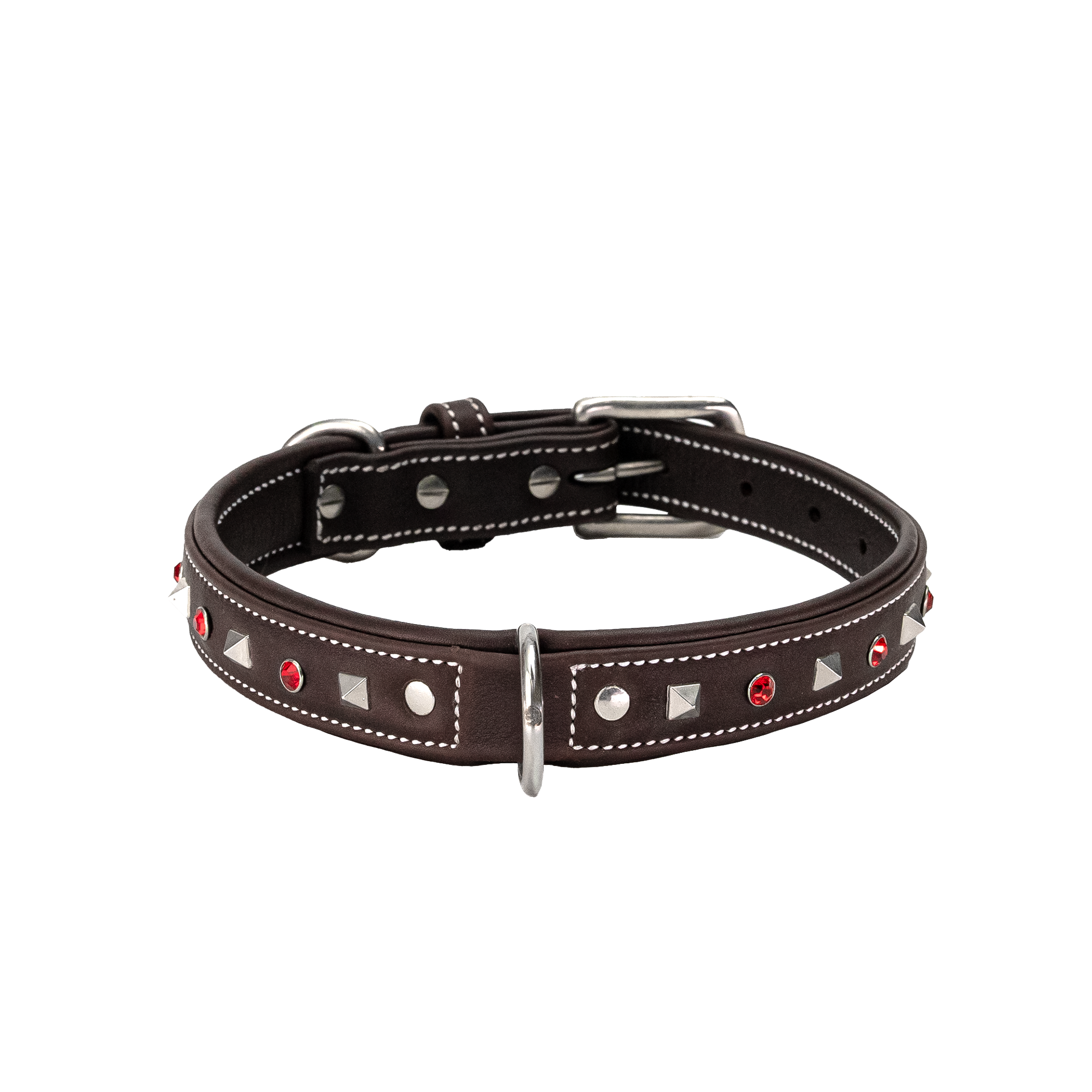 Adil's Premium Brown Leather Dog Collar with Red Crystals & Silver Studs - 1" Wide, Adjustable 12"-26" Neck, Metal Buckle & D-Ring