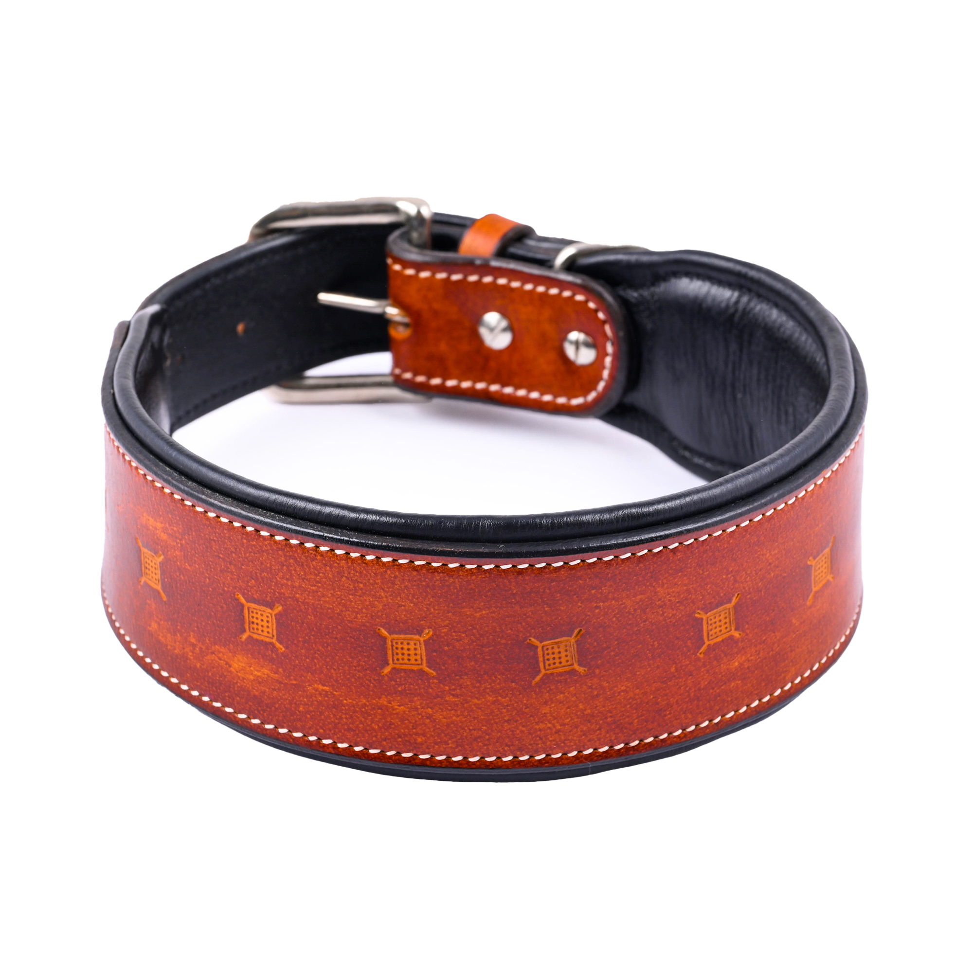 Handcrafted Leather Square Basket Tooled Dog Collar | With Adjustable Buckle