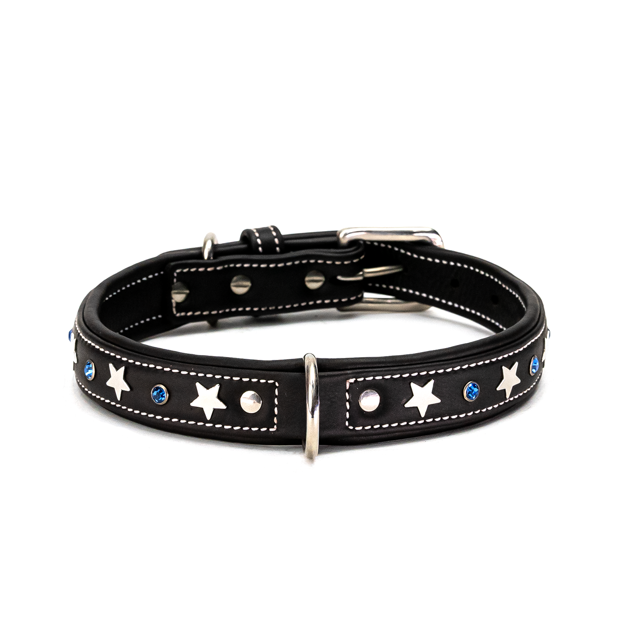 Adjustable Leather Dog Collar with Silver Softy Stars and Blue Accent Studs, 1 inch Width Crystal Studded Classic Design