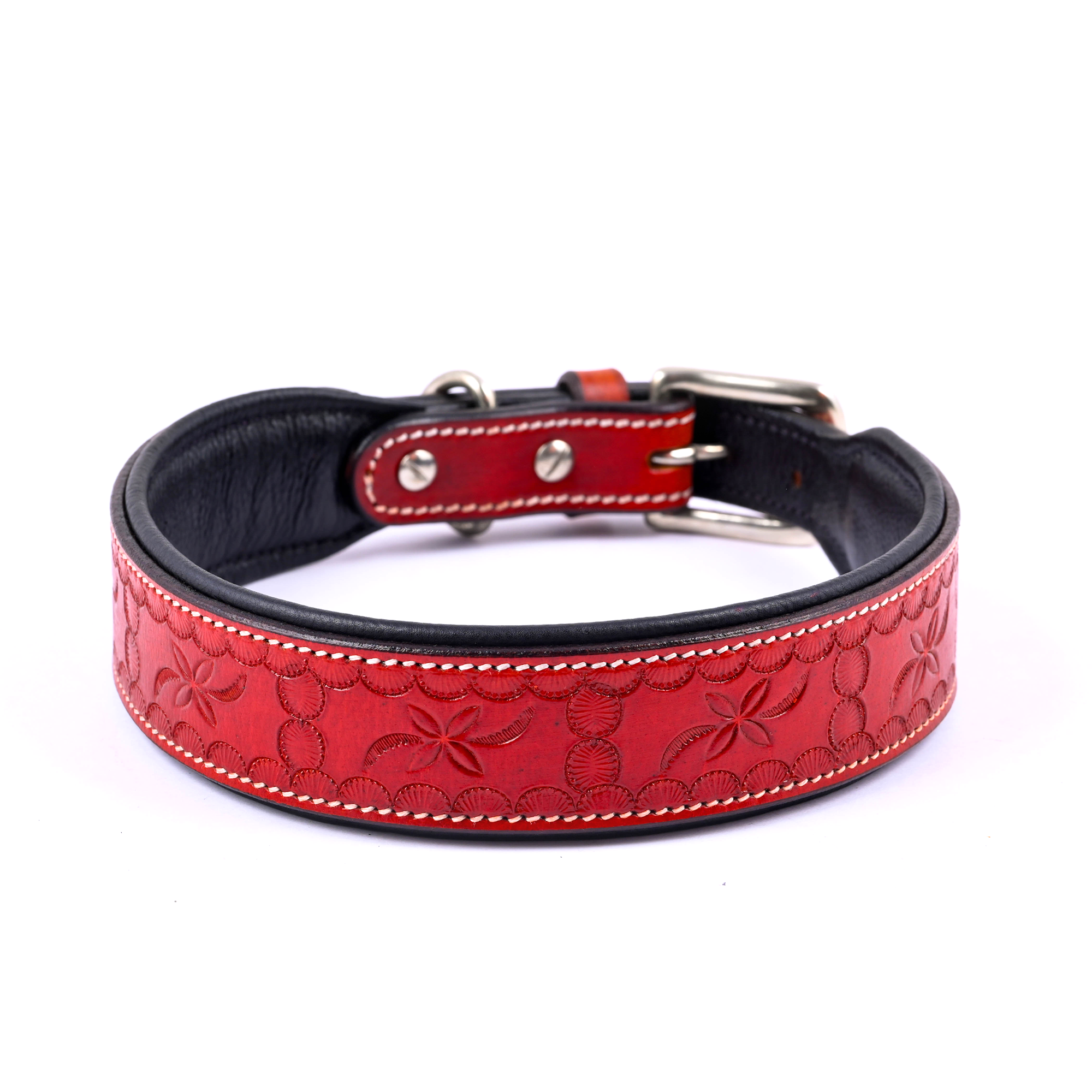 ADIL'S Red Tooling Dog Collar 1.5 Inch Width Suitable For Medium & Large Dogs,Leather Dog Collar With Strong Metal Buckle & D-Ring For Leashes And Id Card