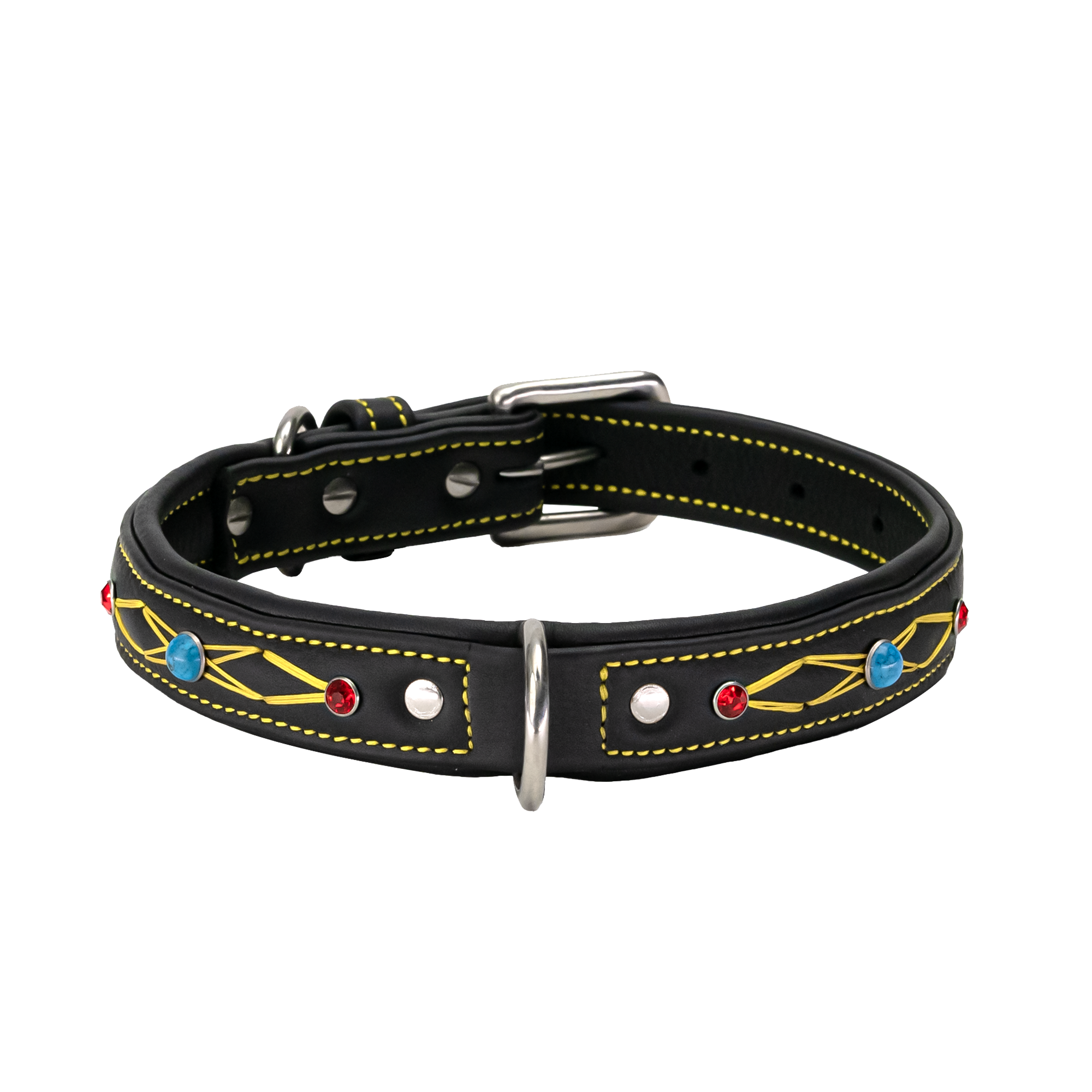 ADIL'S 1-inch Soft Leather Dog Collar Red & Blue Studd With Yellow threadwork Dog Collar
