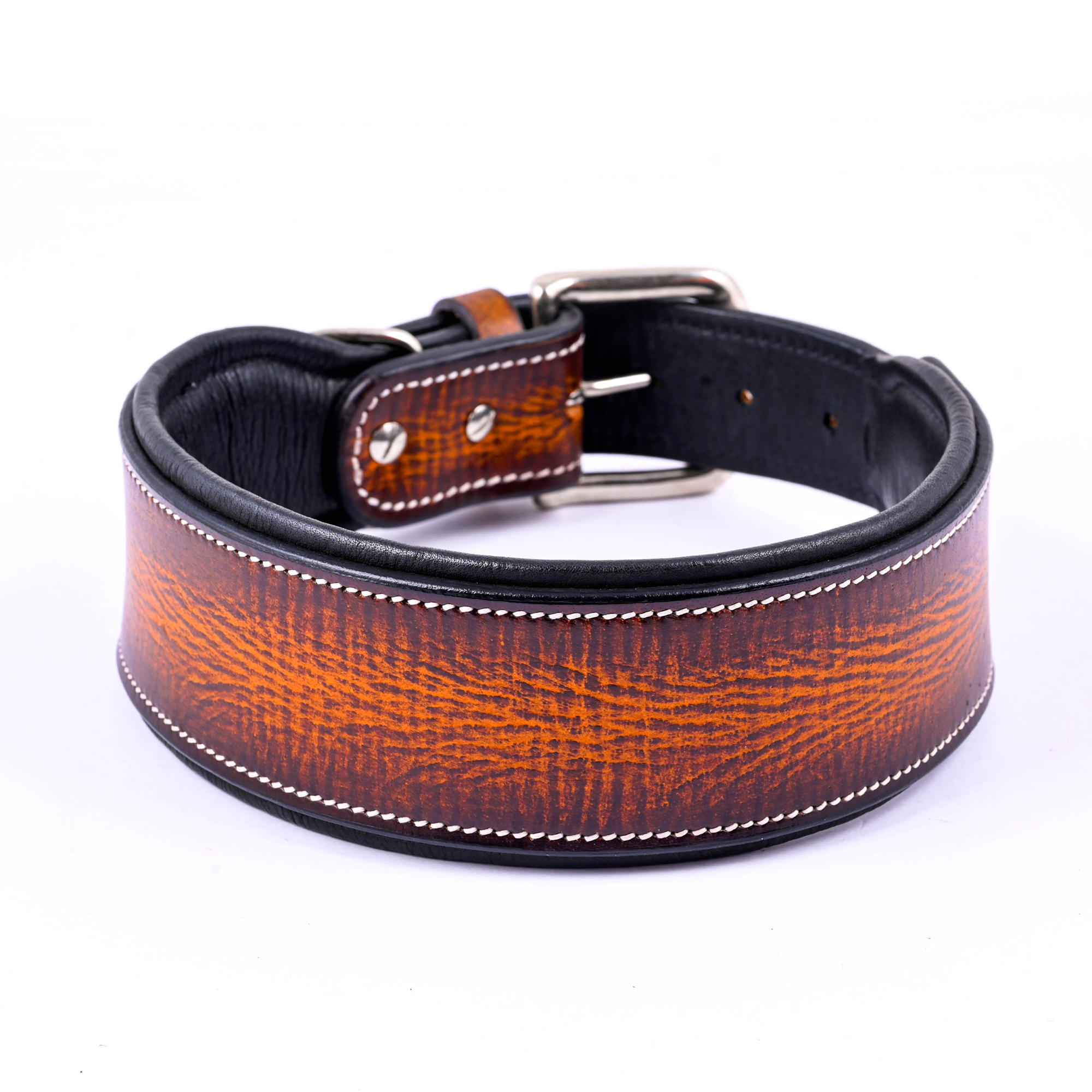 Genuine Leather Double Shade Dog Collar, Unique Design with Meta Buckle & Strong D-Ring