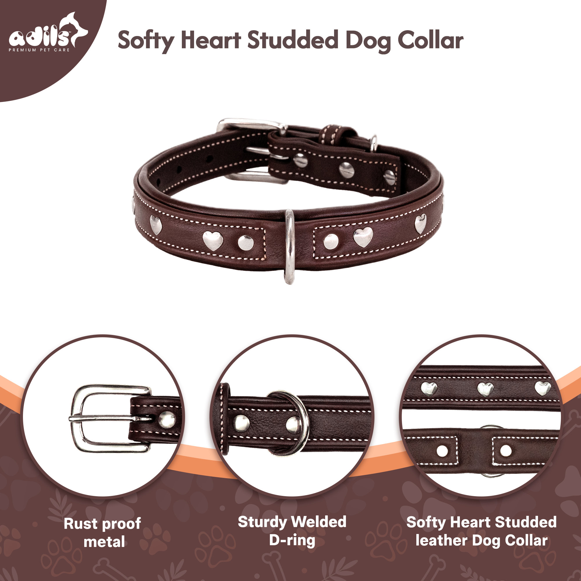 Adil'S Genuine Leather Heart Studded Dog Collar 1in Width, Neck Size: 12" to 26", Cognac Leather Dog Collar with Soft Padding, Sturdy & Strong D-Ring for leashes & ID Card