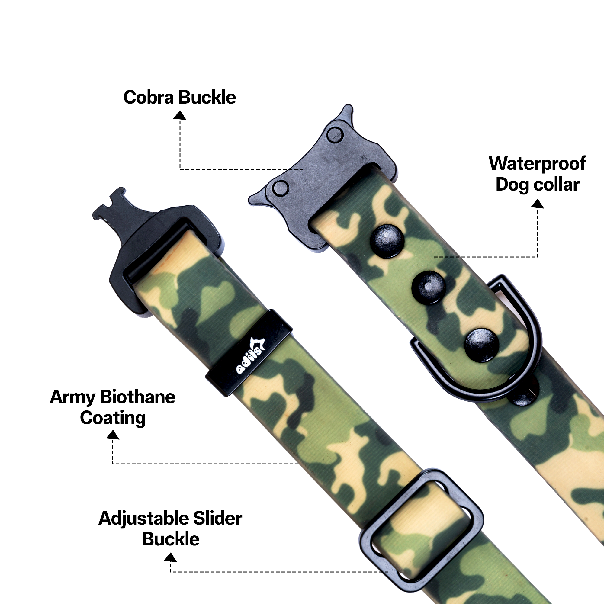 Adil’s Army Biothane Dog Collar – Waterproof, Durable, Adjustable Buckle & D-Ring (M & L)