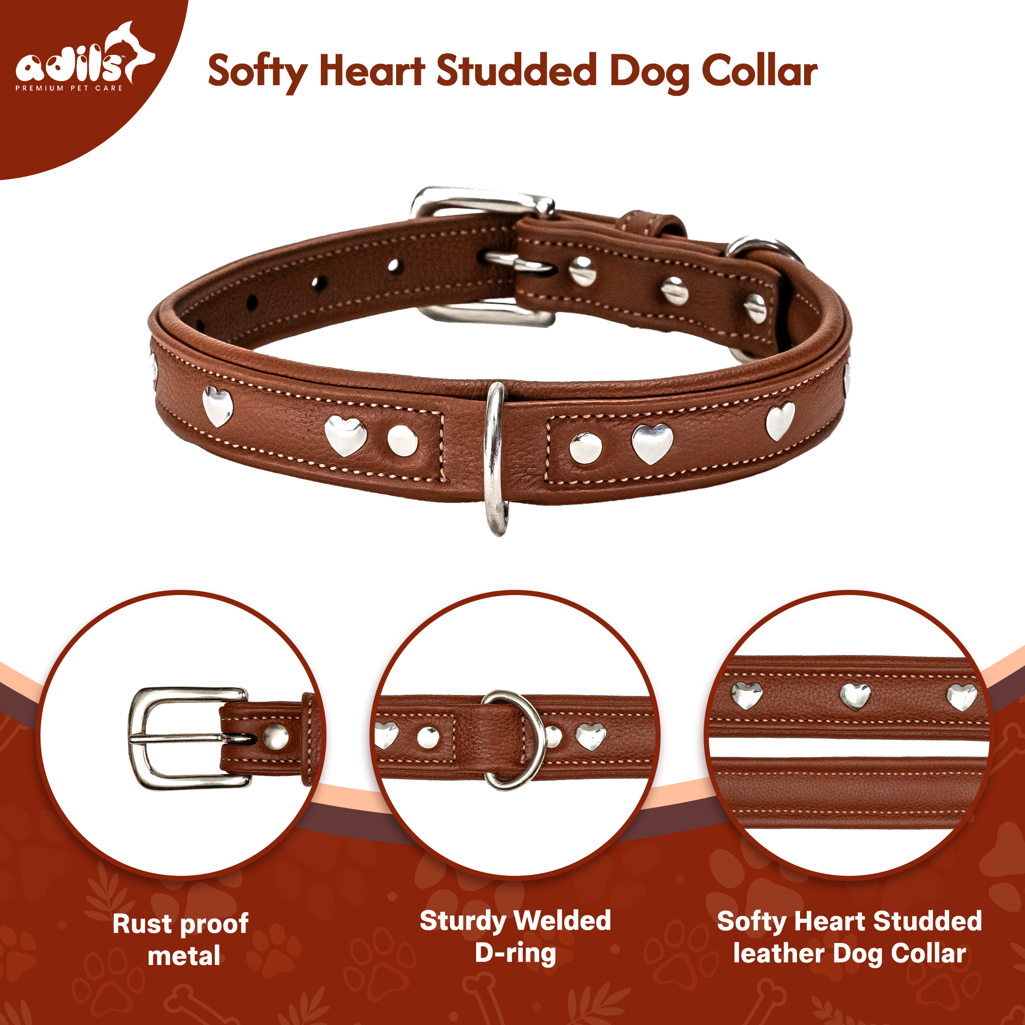 Adil'S Genuine Leather Heart Studded Dog Collar 1in Width, Neck Size: 12" to 26", Cognac Leather Dog Collar with Soft Padding, Sturdy & Strong D-Ring for leashes & ID Card