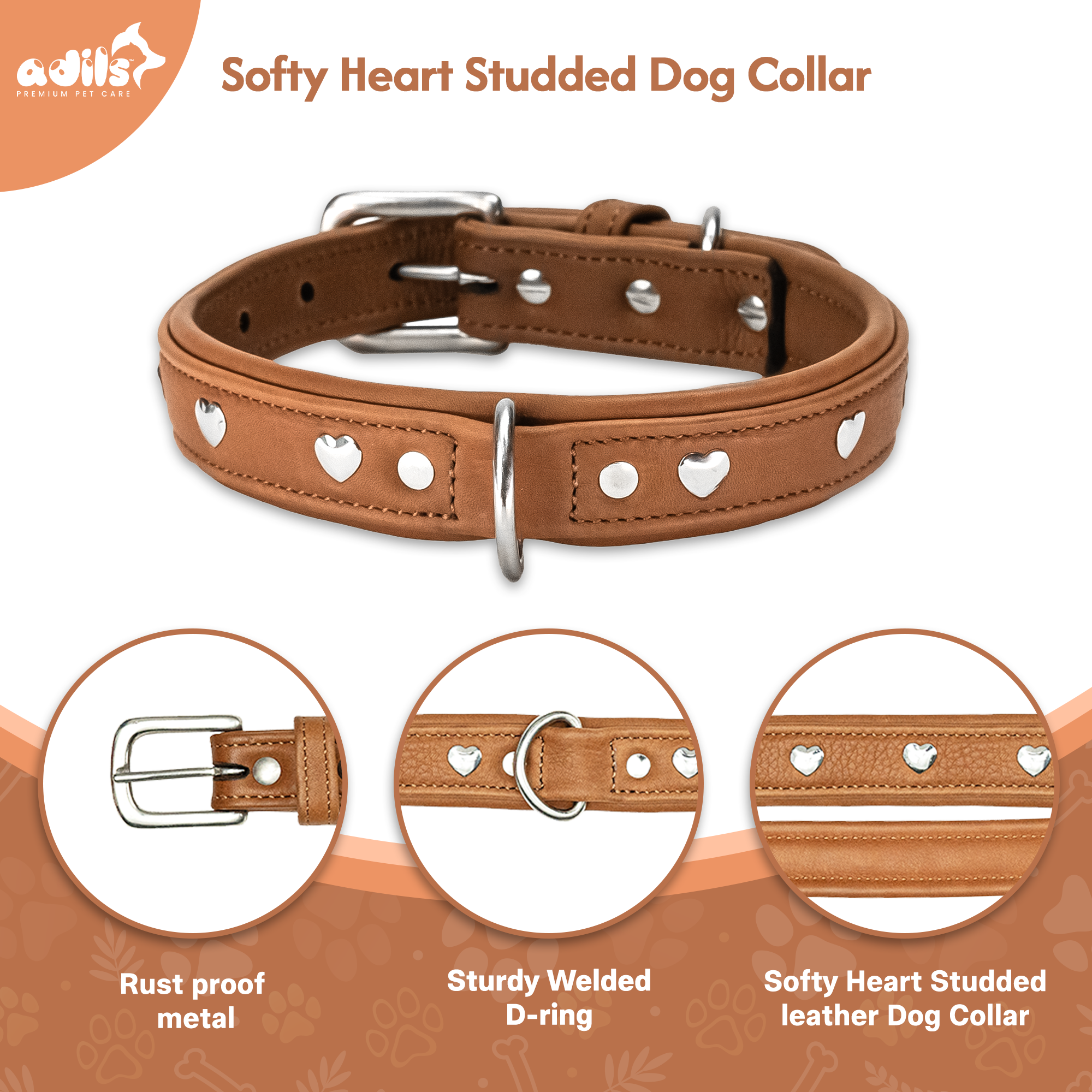 Adil'S Genuine Leather Heart Studded Dog Collar 1in Width, Neck Size: 12" to 26", Cognac Leather Dog Collar with Soft Padding, Sturdy & Strong D-Ring for leashes & ID Card