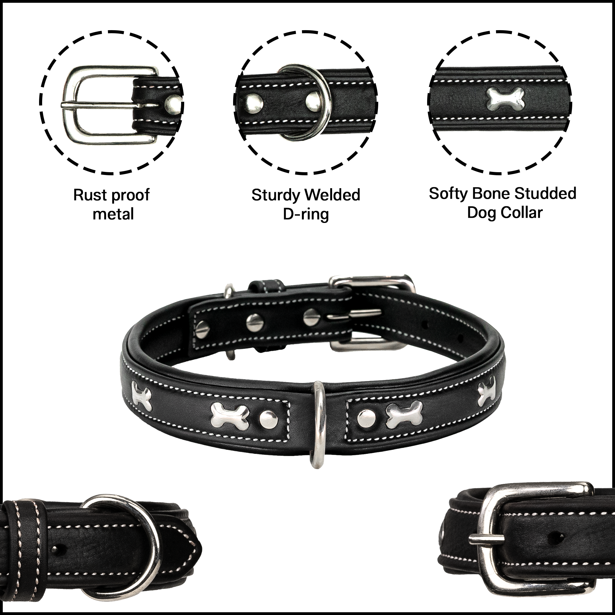 Adil's Metal Bone Studded Soft Leather Dog Collar - 1-Inch Adjustable with Strong Metal Buckle & D-Ring