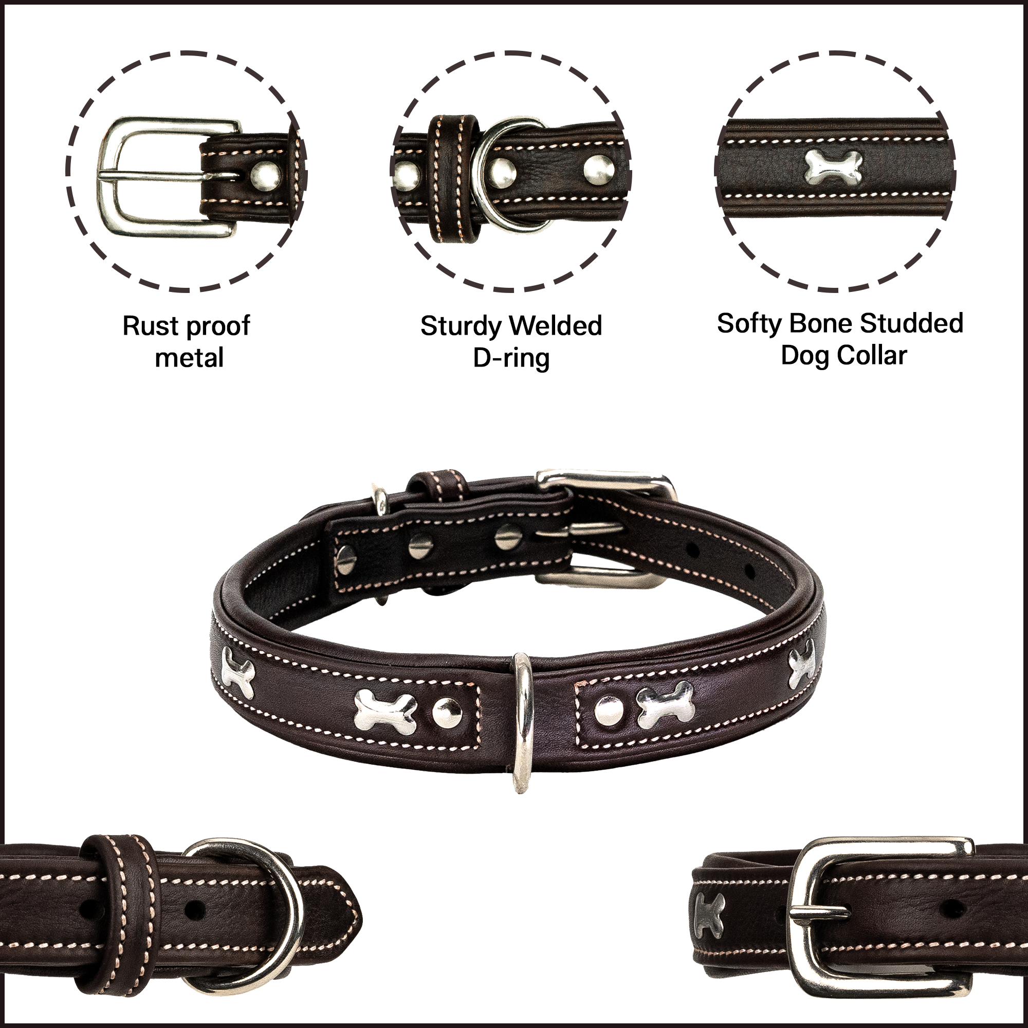 Adil's Metal Bone Studded Soft Leather Dog Collar - 1-Inch Adjustable with Strong Metal Buckle & D-Ring