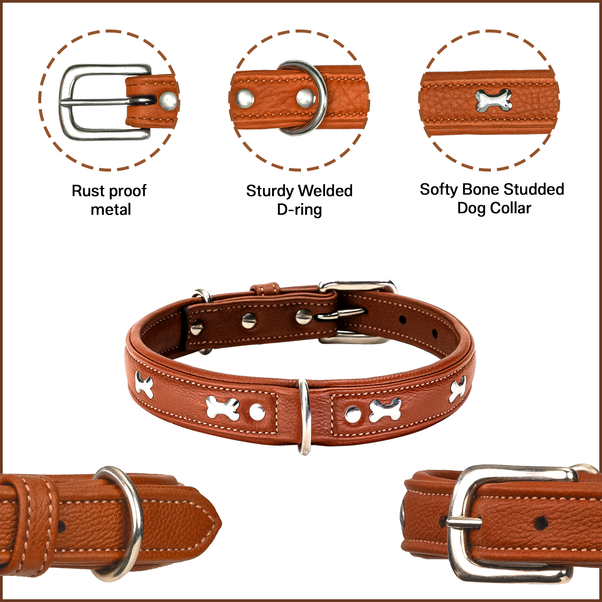 Adil's Metal Bone Studded Soft Leather Dog Collar - 1-Inch Adjustable with Strong Metal Buckle & D-Ring