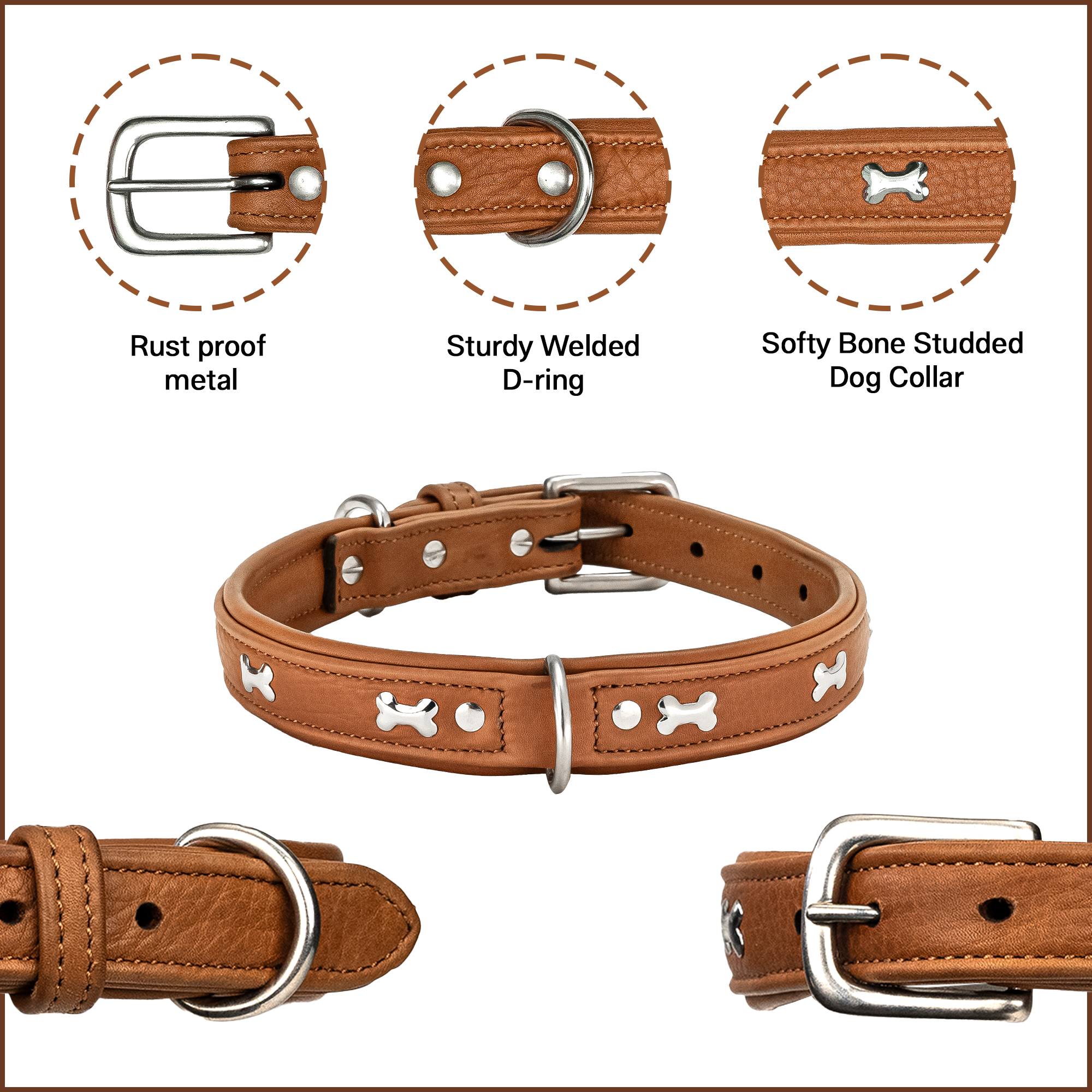 Adil's Metal Bone Studded Soft Leather Dog Collar - 1-Inch Adjustable with Strong Metal Buckle & D-Ring