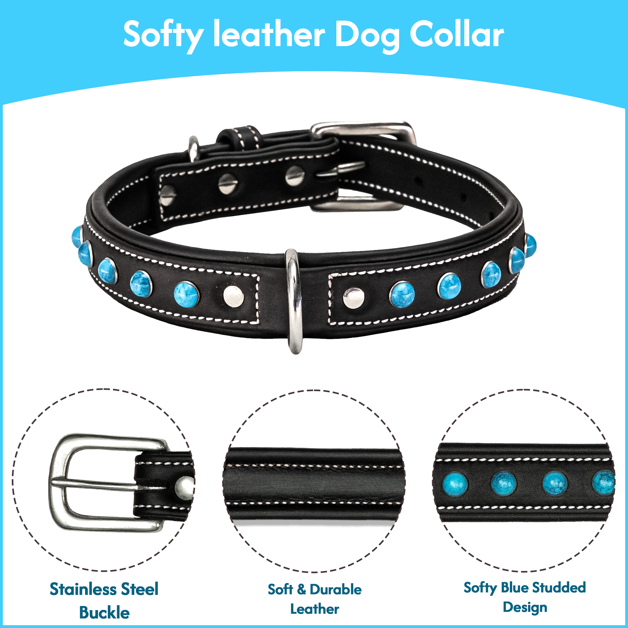 Adil's Blue Studded Softy Leather Dog Collar – 1-Inch Width, for Small to Large Dogs, with Metal Buckle and D-Ring.