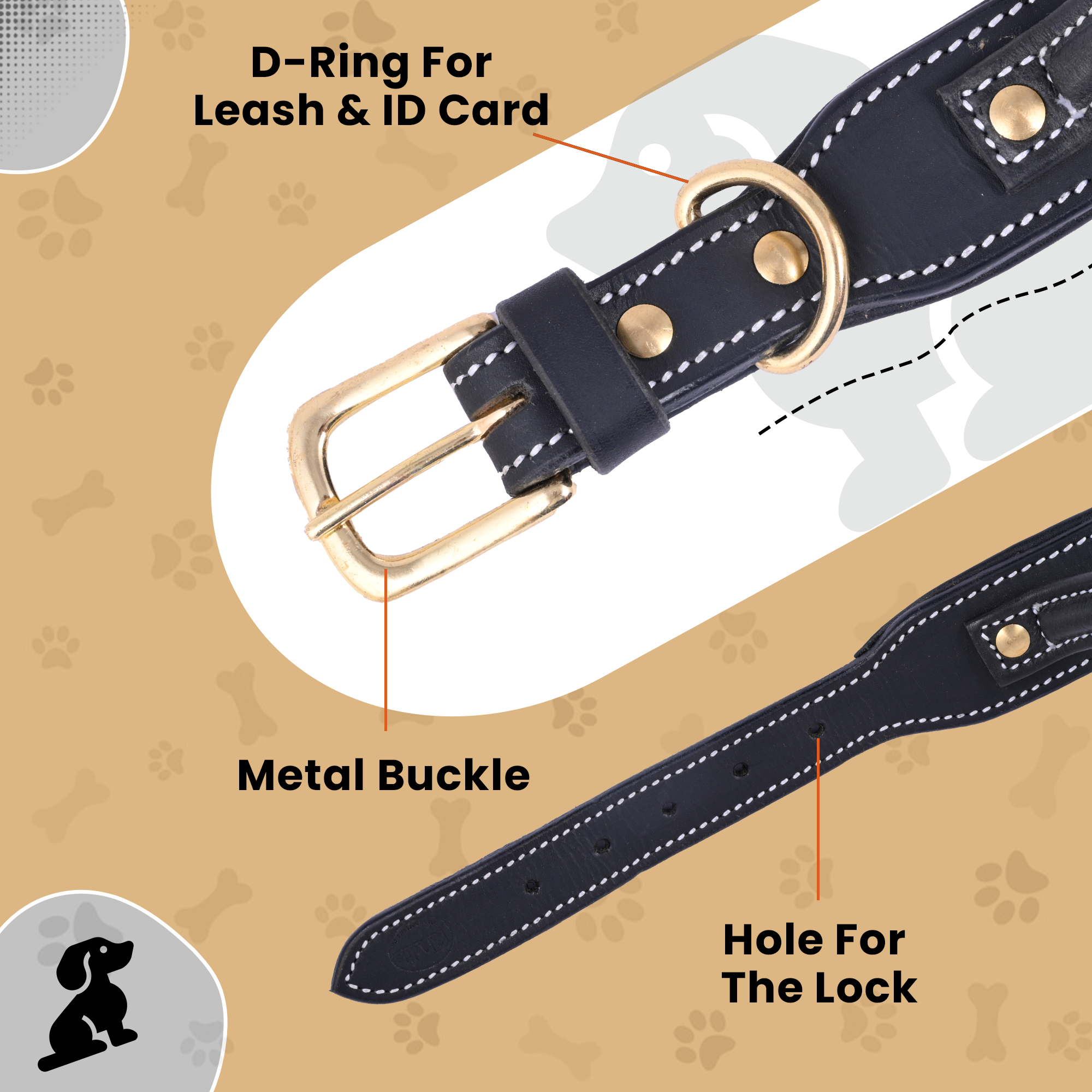 Handle Dog Collar, Adjustable Heavy Duty Leather Dog Collar with Strong Metal D-Ring